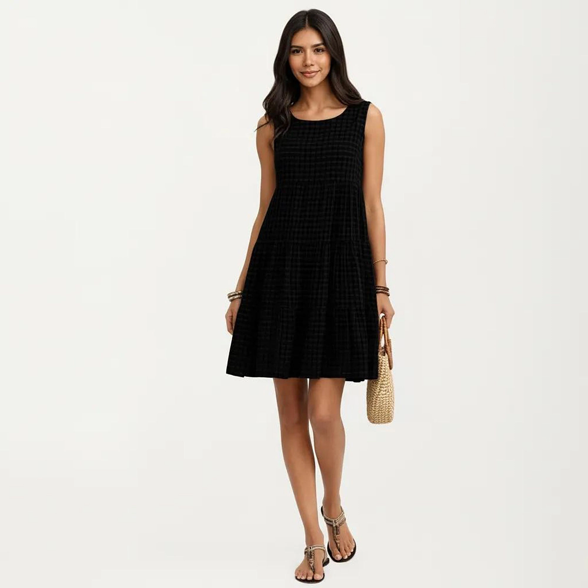 Anna-Kaci Women's Sleeveless Tiered Textured Check Pattern Round Neck A-Line Mini Dress