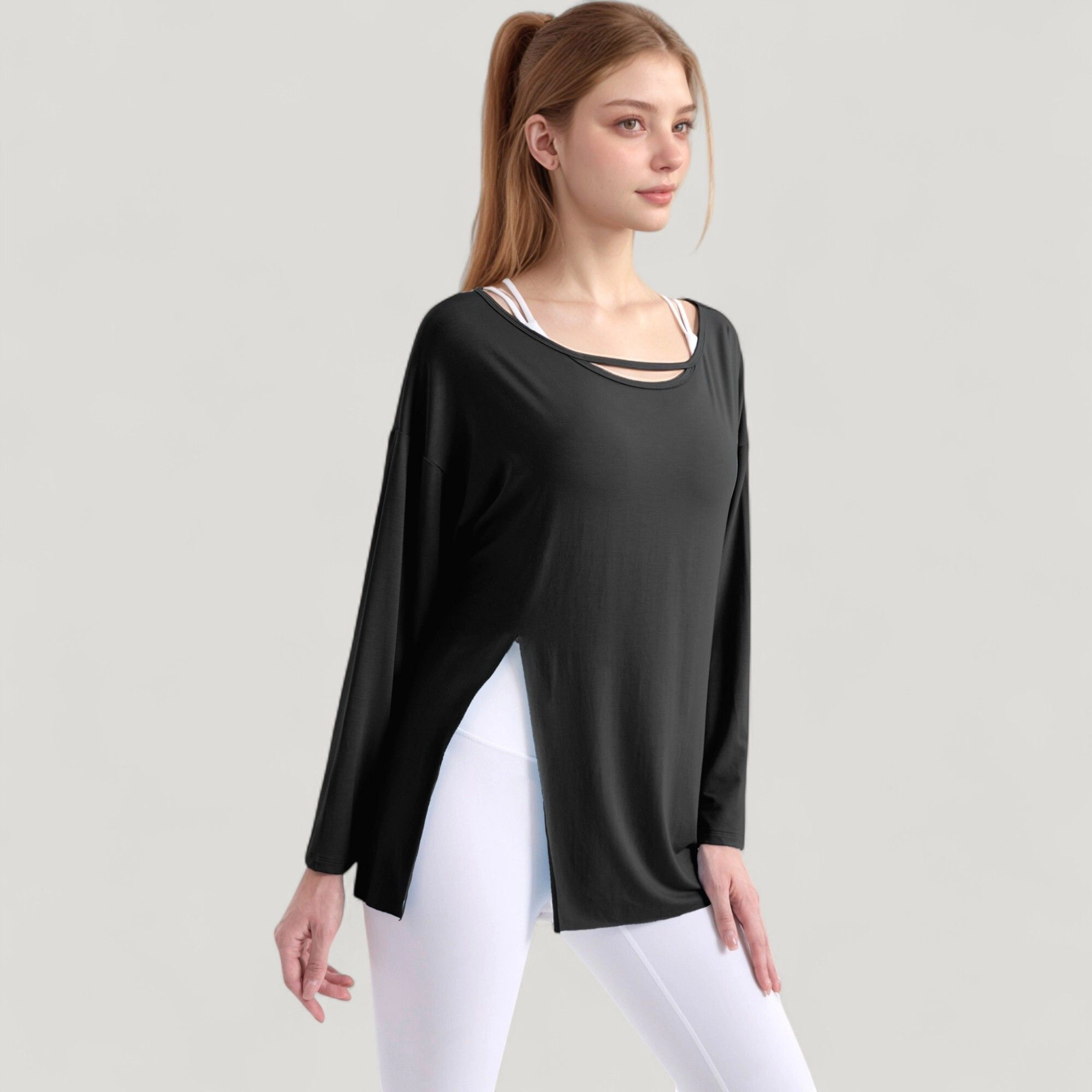 Anna-Kaci Women's Long Sleeve Pullover Top with Cutout Scoop Neck and Side Slit Hem