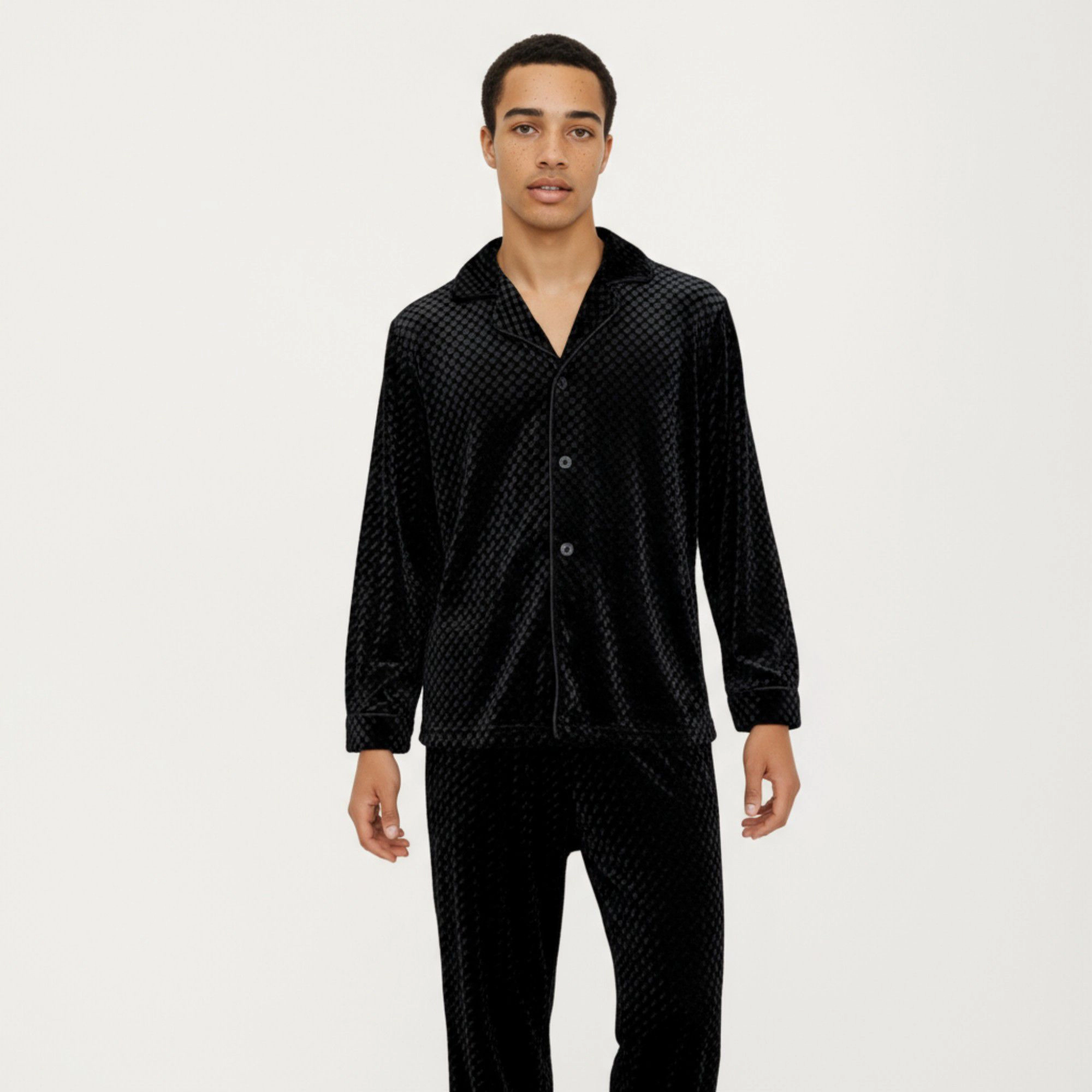 Anna-Kaci Men's 2-Piece Textured Velvet Pajamas with Button Up Top and Straight Leg Pants