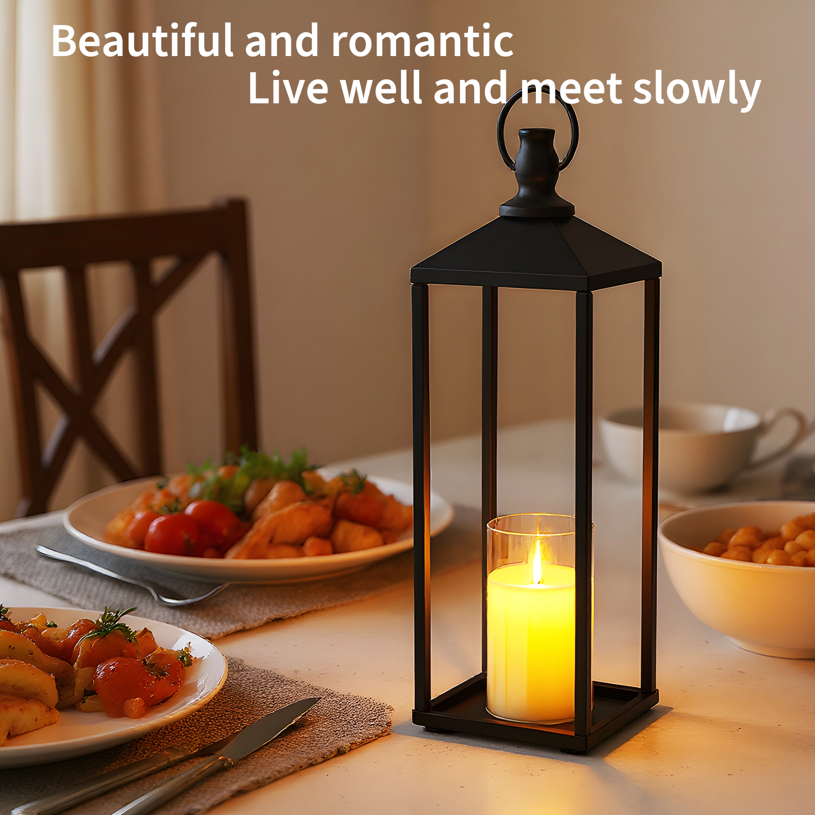 SKYROKU 17" 19" 22" Large Outdoor Candle Lanterns, Set Of 3 Decorative Lanterns, Black Lanterns For Candles