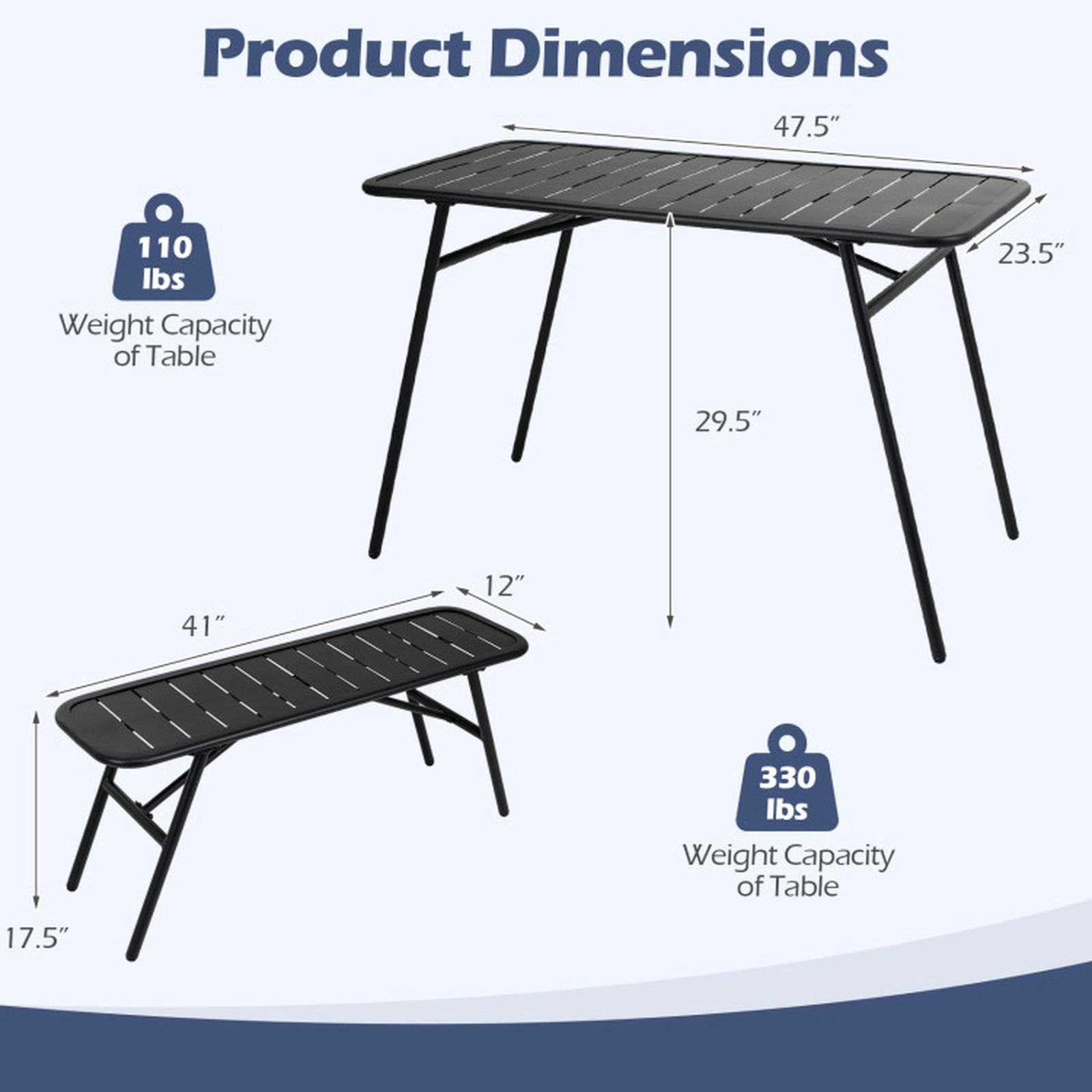 SUGIFT Black 47.5 Inch Table and 2 Benches for Backyard 3-Piece Outdoor Metal Dining Set