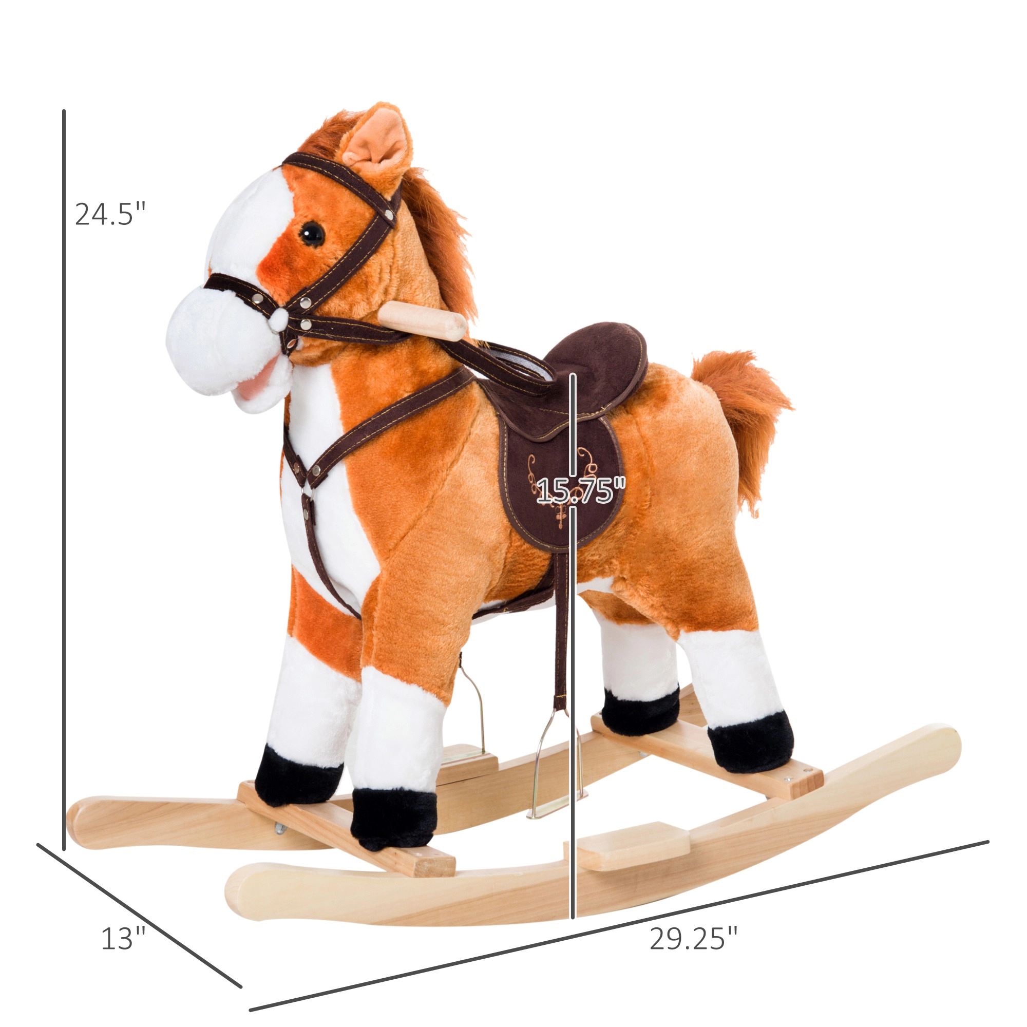 HONGGE Plush Rocking Horse with Saddle and Footrest, Realistic Galloping Sound, Supports 88 lbs for Kids Ages 3+, Brown