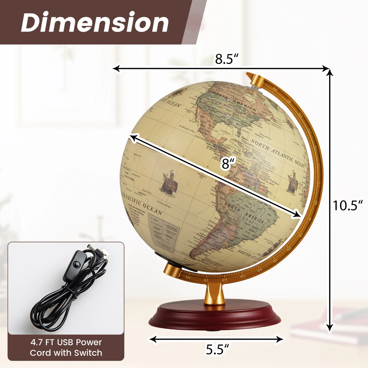 SUGIFT Kids Antique Style LED Light Up Wooden Stand World Globe 8-in Diameter 8.5-in x 8.5-in x 10.5-in Bronze