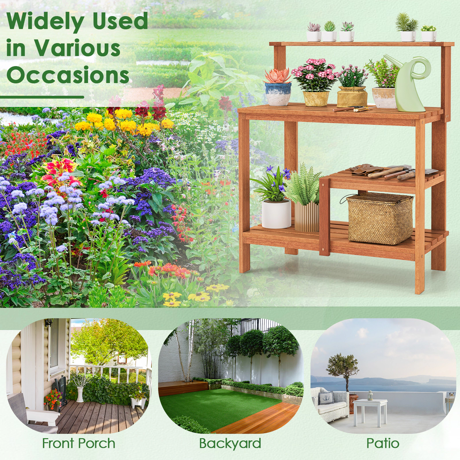 SUGIFT Natural Wood Potting Bench with 2-Tier Open Shelves 35.5-in W 19-in D 43-in H 33-lb Countertop Capacity