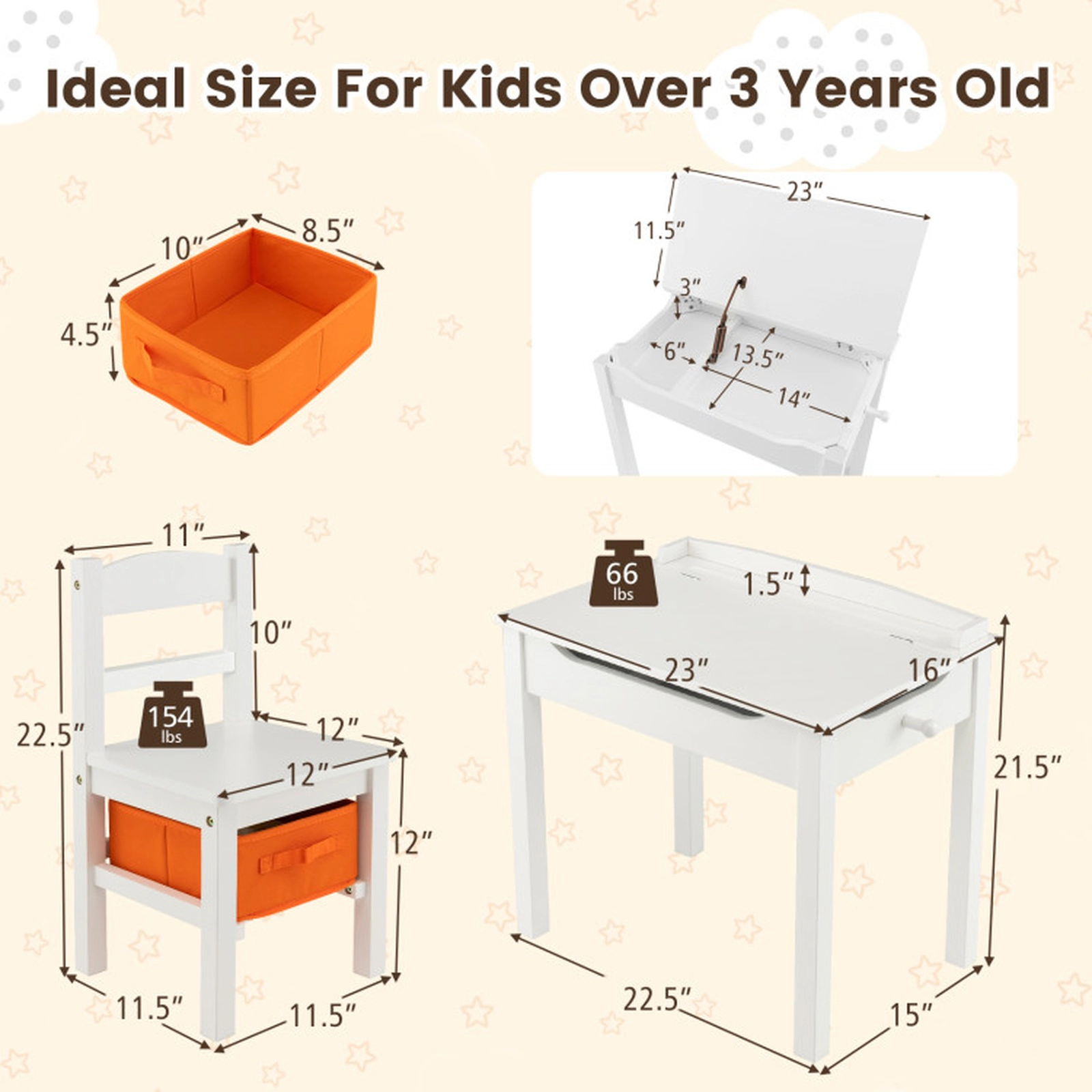 SUGIFT White Pine Wood Kids’ Activity Desk and Chair Set with Flip-Top Storage