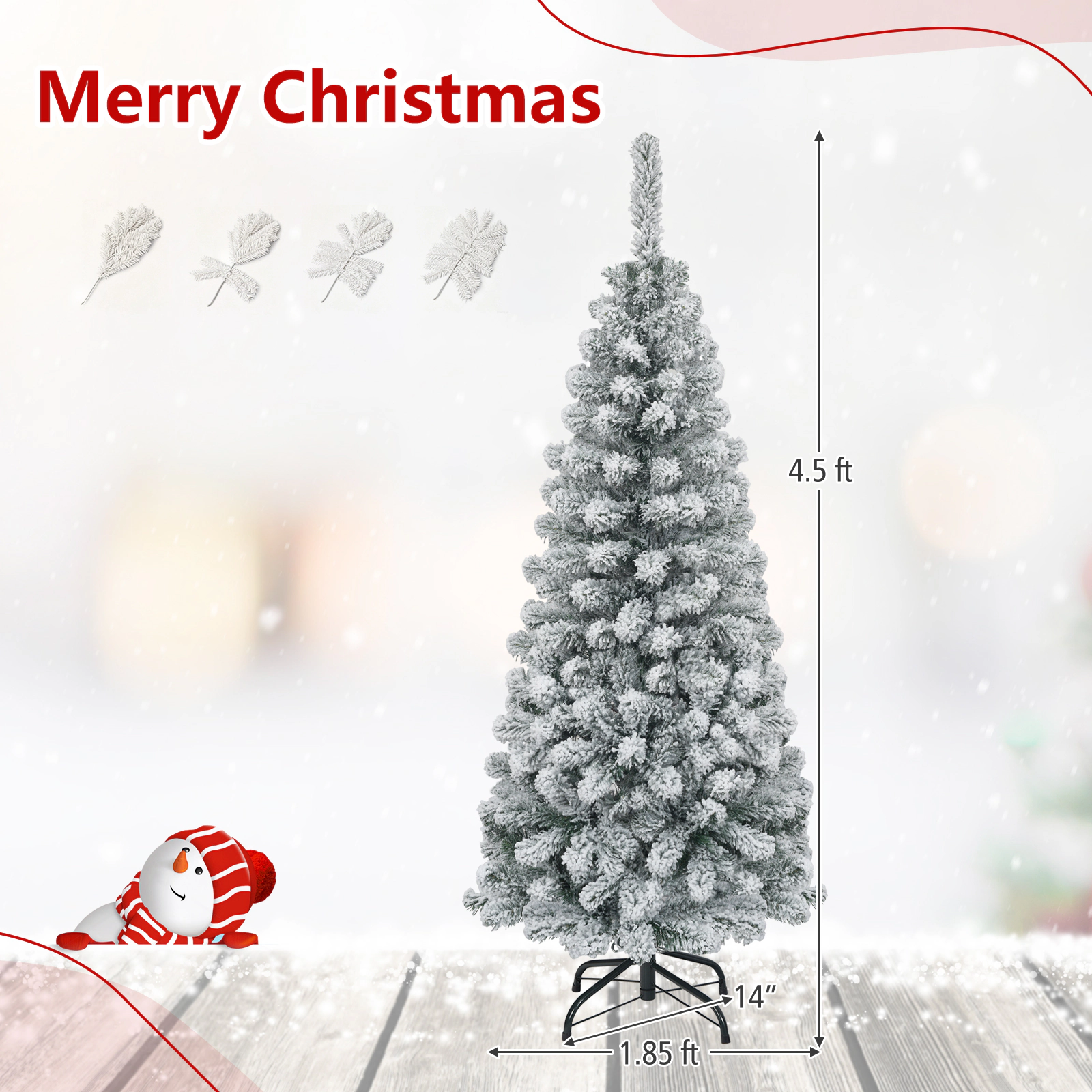 Costway 6 FT Unlit Flocked Pencil Christmas Tree Hinged with 500 Branch Tips