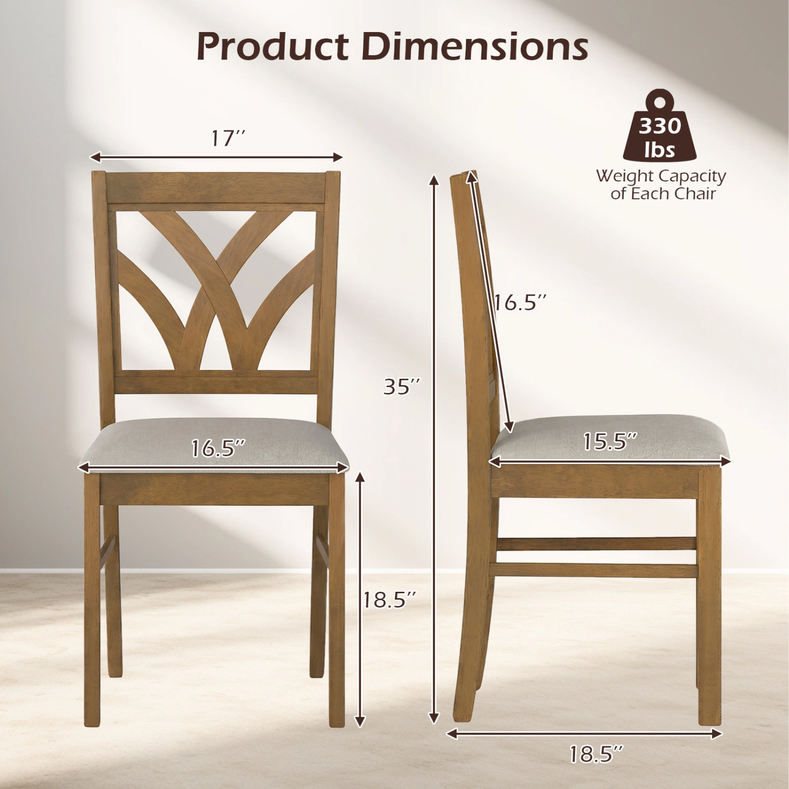SUGIFT Set of 2 Wooden Dining Chairs with Upholstered Hollowed Backrest 330-lb Capacity Oak + Beige
