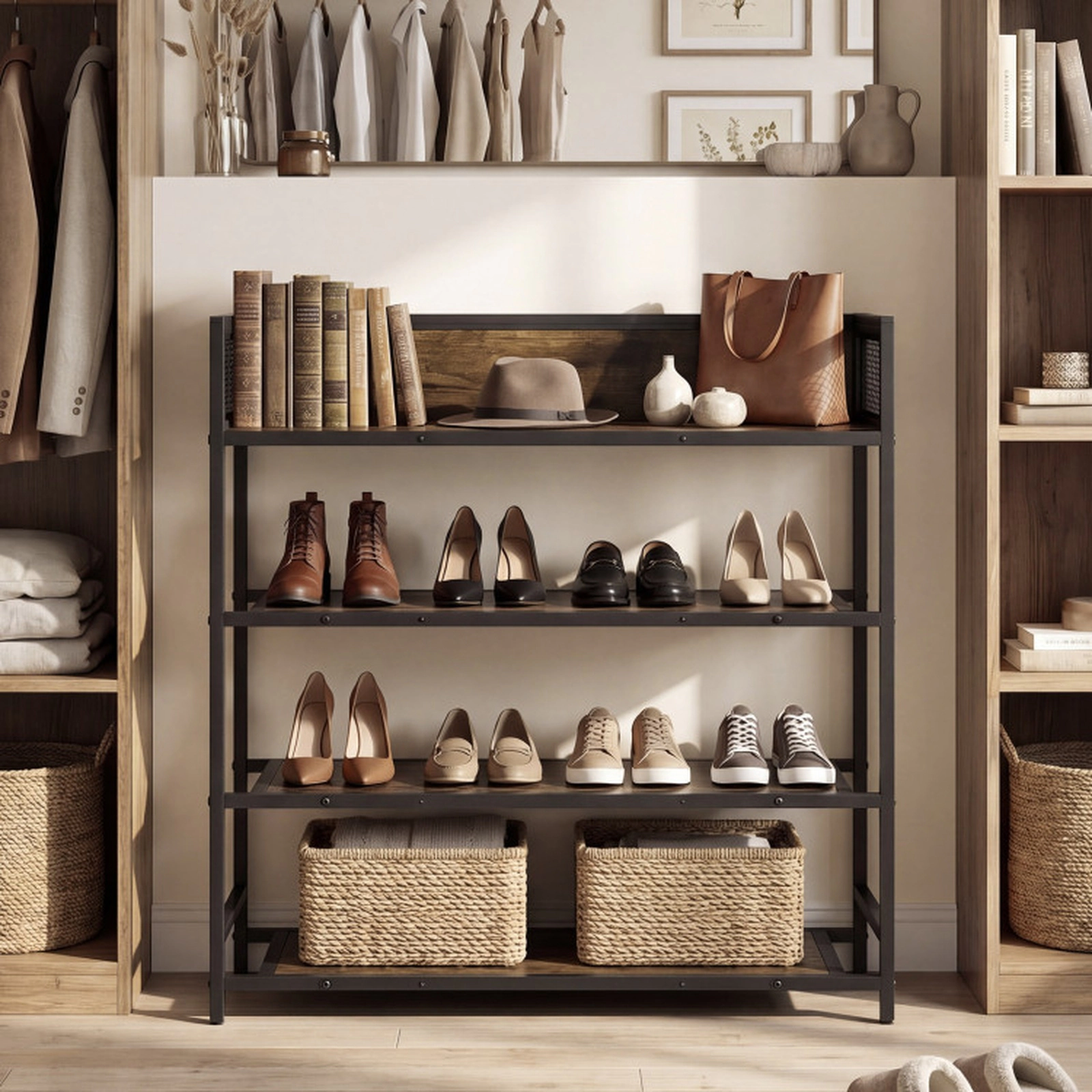 SUGIFT Rustic Brown Heavy Duty Metal Frame and Guardrails 32 Inch 4-Tier Industrial Shoe Rack