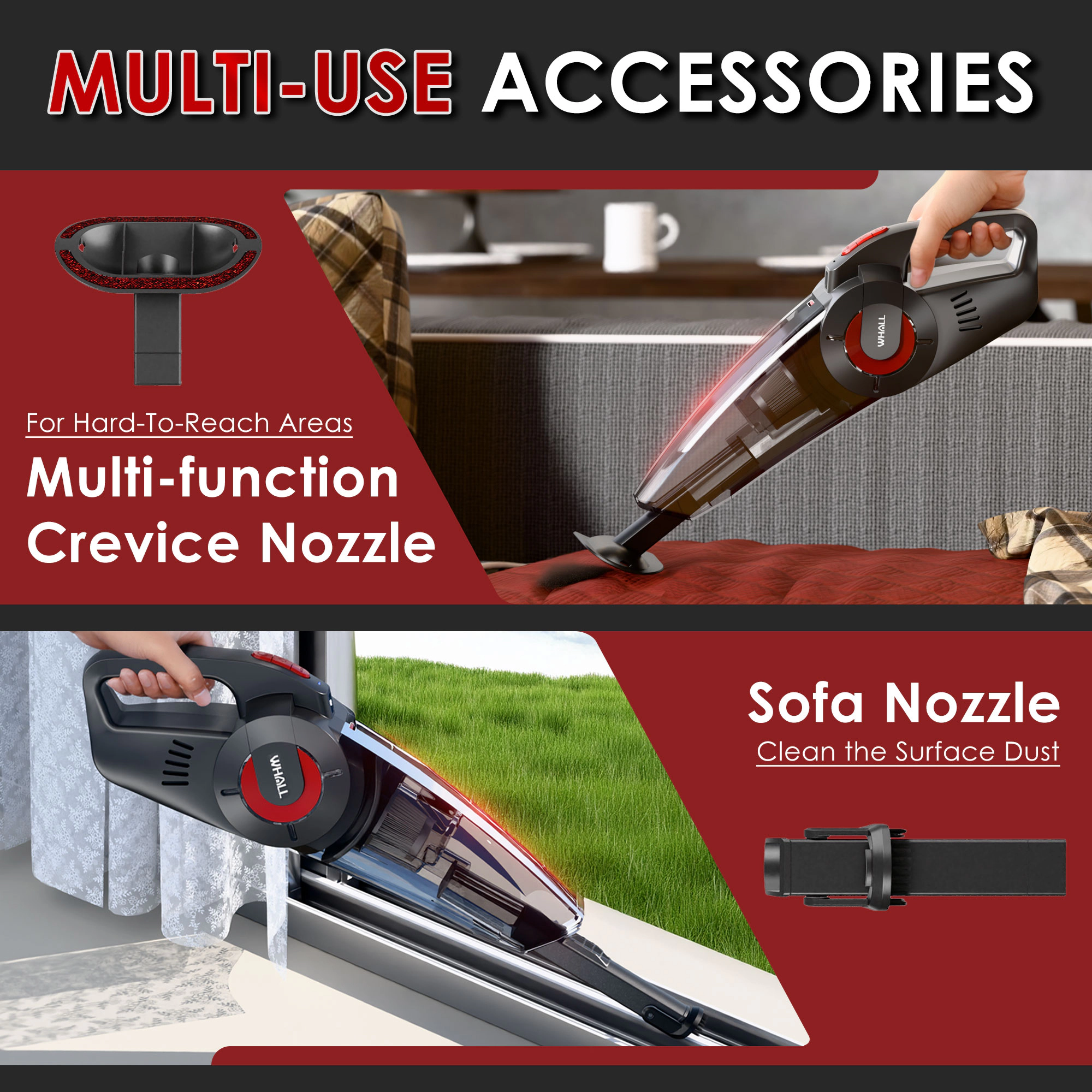 WHALL - Cordless Handheld Car Vacuum, 9KPa Strong Suction, Wet/Dry Use, Rechargeable Portable Cleaner with LED Light