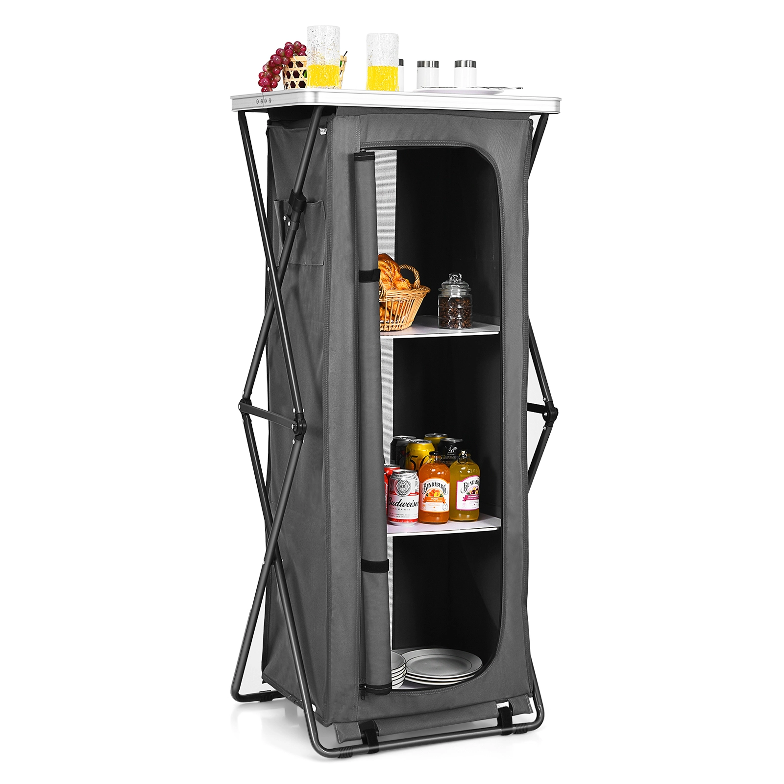 LJG Folding Camping Storage Cabinet with 3 Shelves and Carry Bag