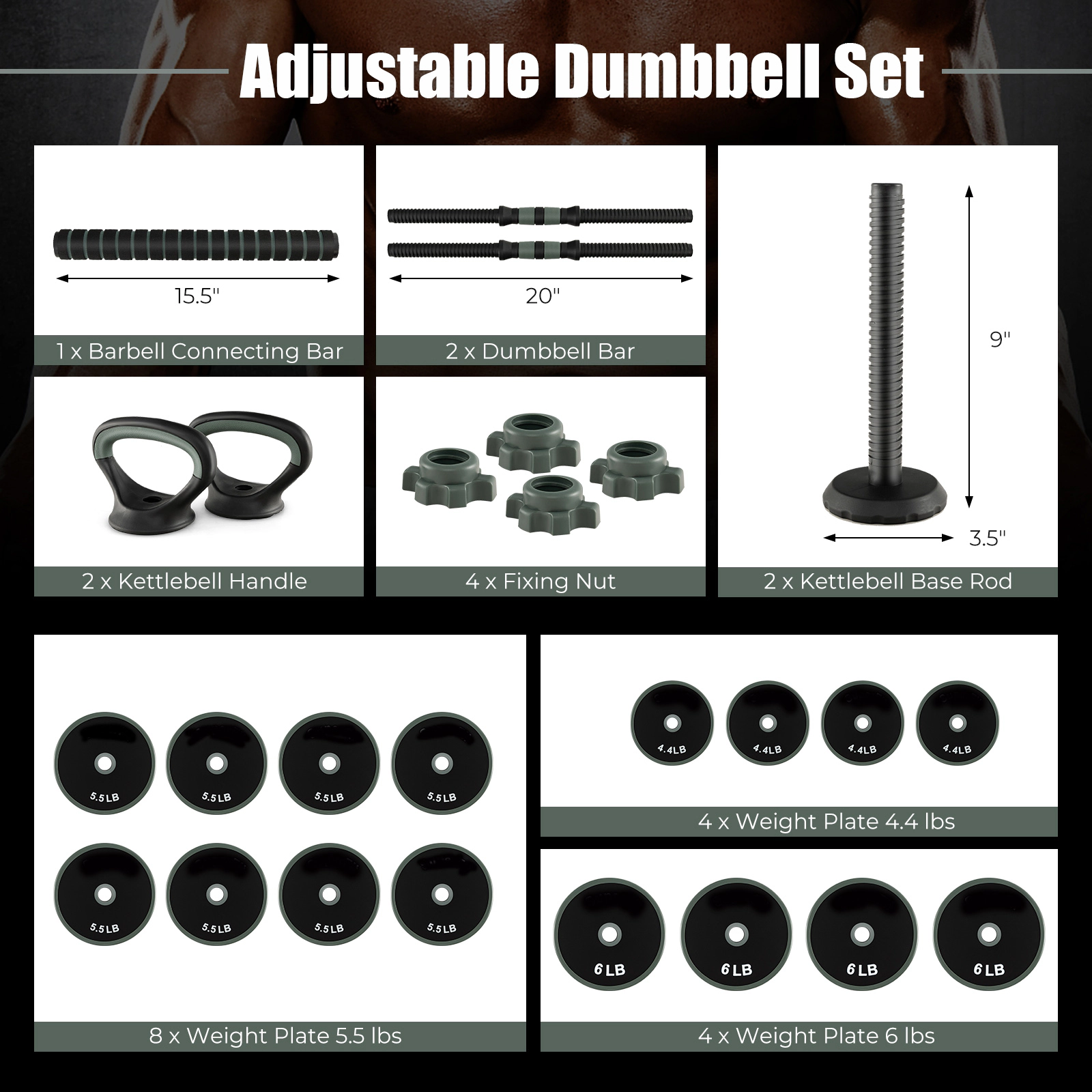 SUGIFT Black 4-in-1 Adjustable Dumbbell and Barbell Set with Kettlebell Base 21-in Bar 91.5-lb Total Weight