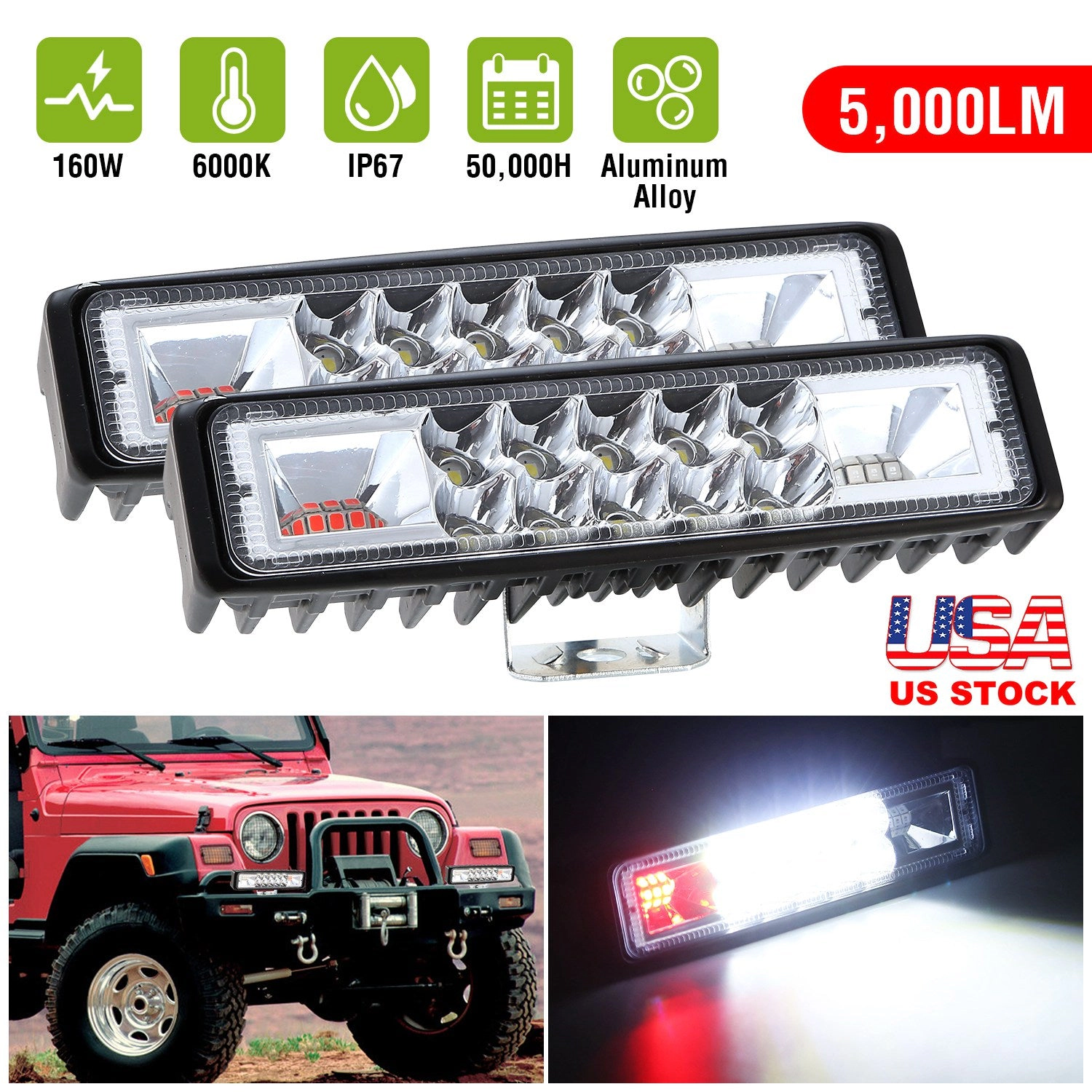 GBruno 6-Inch 160W LED Light Bar 2-Pack