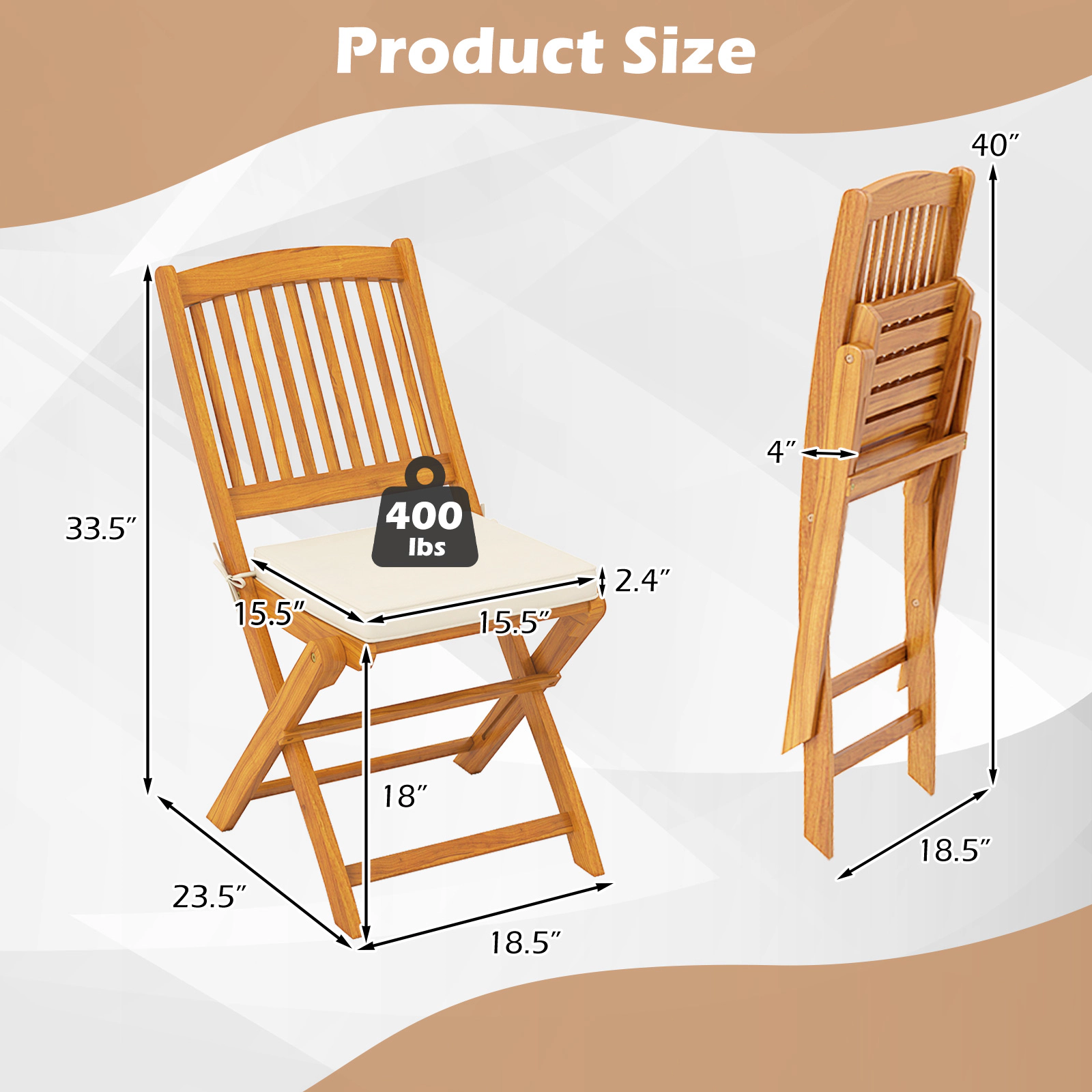 SUGIFT Set of 2 Natural Acacia Wood Folding Outdoor Chairs with Beige Cushions, 400 lb Capacity