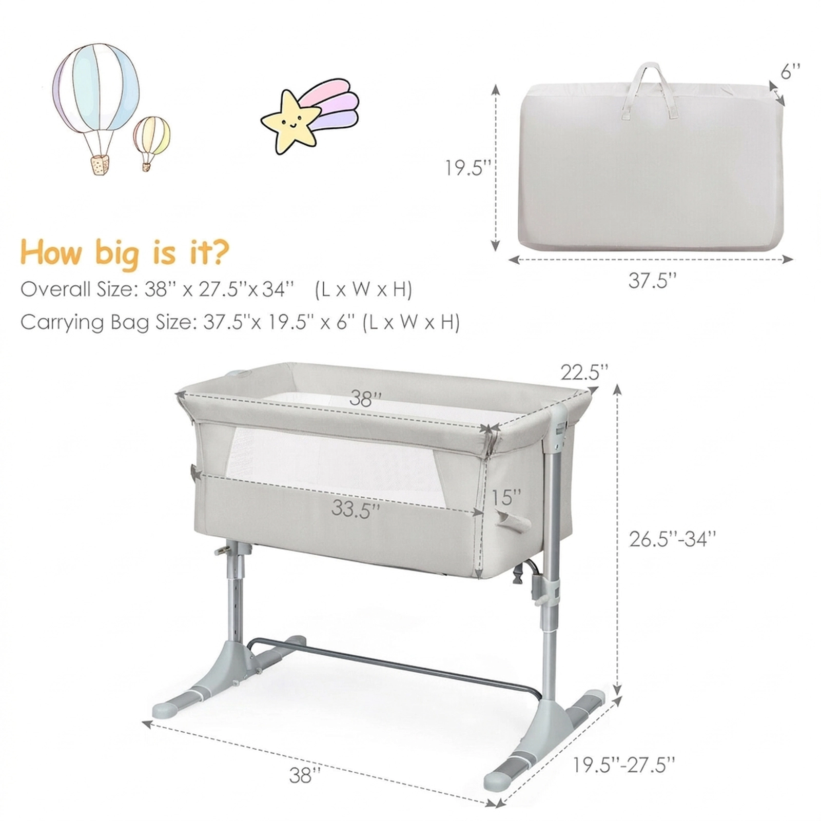 SUGIFT Beige Portable Bedside Sleeper Bassinet with Adjustable Height and Carry Bag