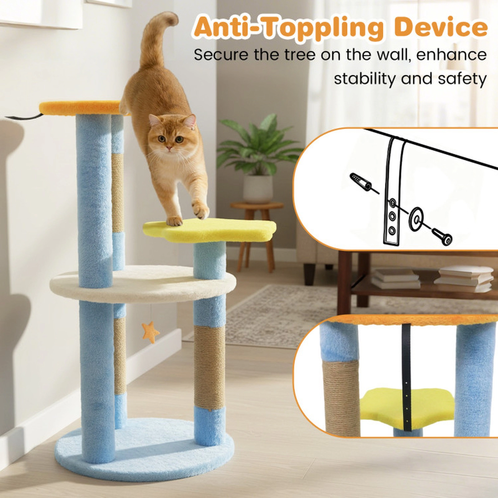 SUGIFT 29-in Blue Modern Cat Tree with Star and Moon Shaped Platforms and Jute Scratching Posts