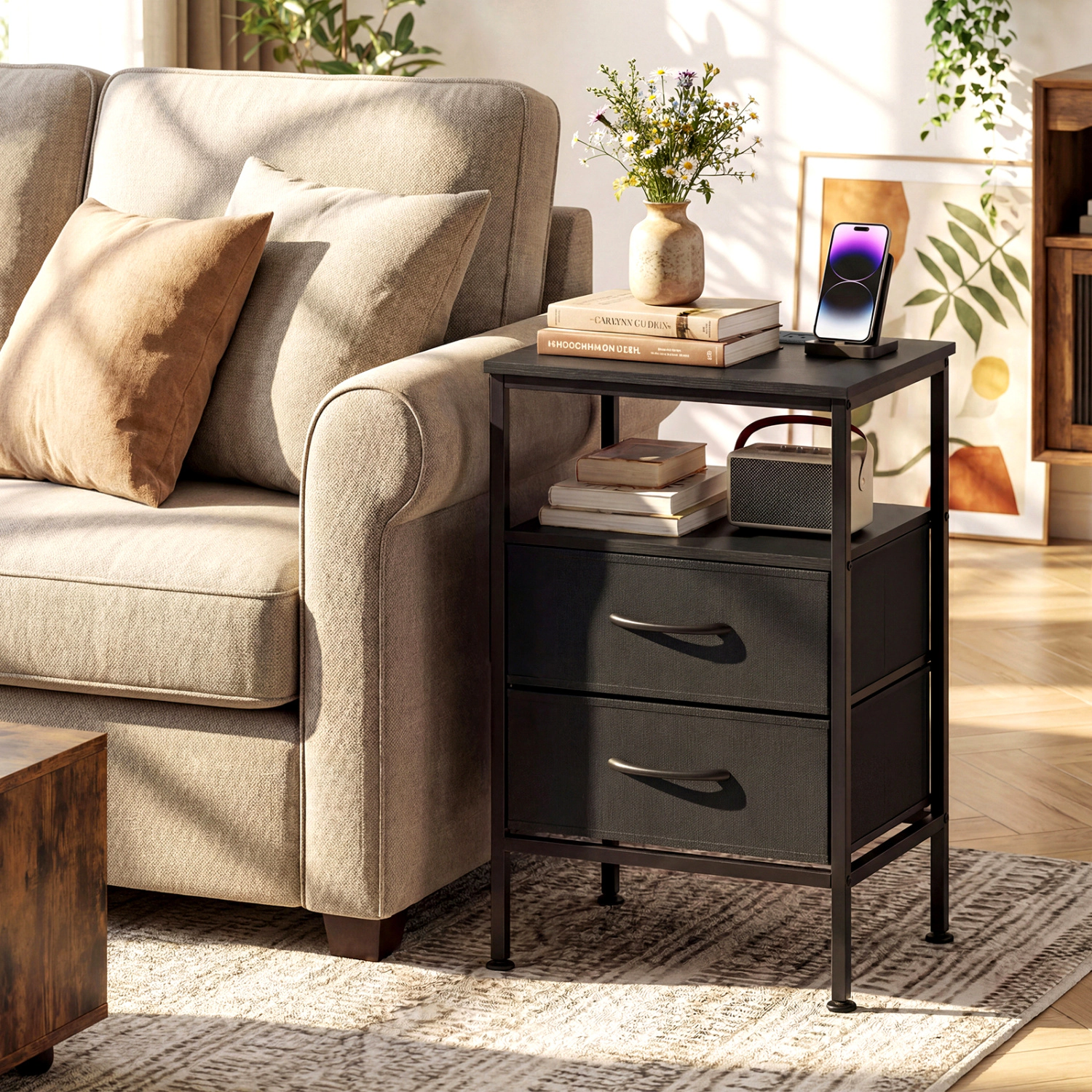 Hivvago Nightstand with Charging Station 24.5 inch Modern Bedside Table 2 Fabric Drawers
