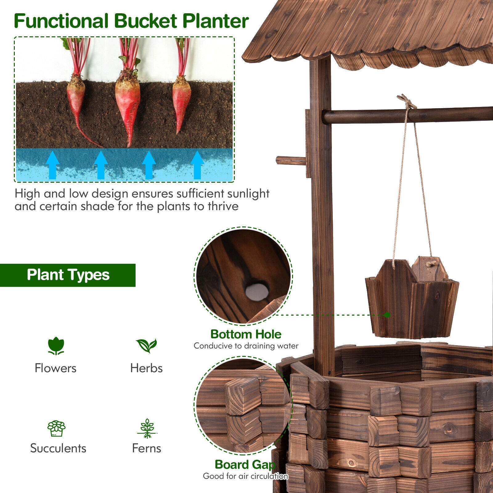 SUGIFT 47-in Tall Rustic Fir Wood Wishing Well Planter with Hanging Bucket Top Hut and 37.8-in Rope
