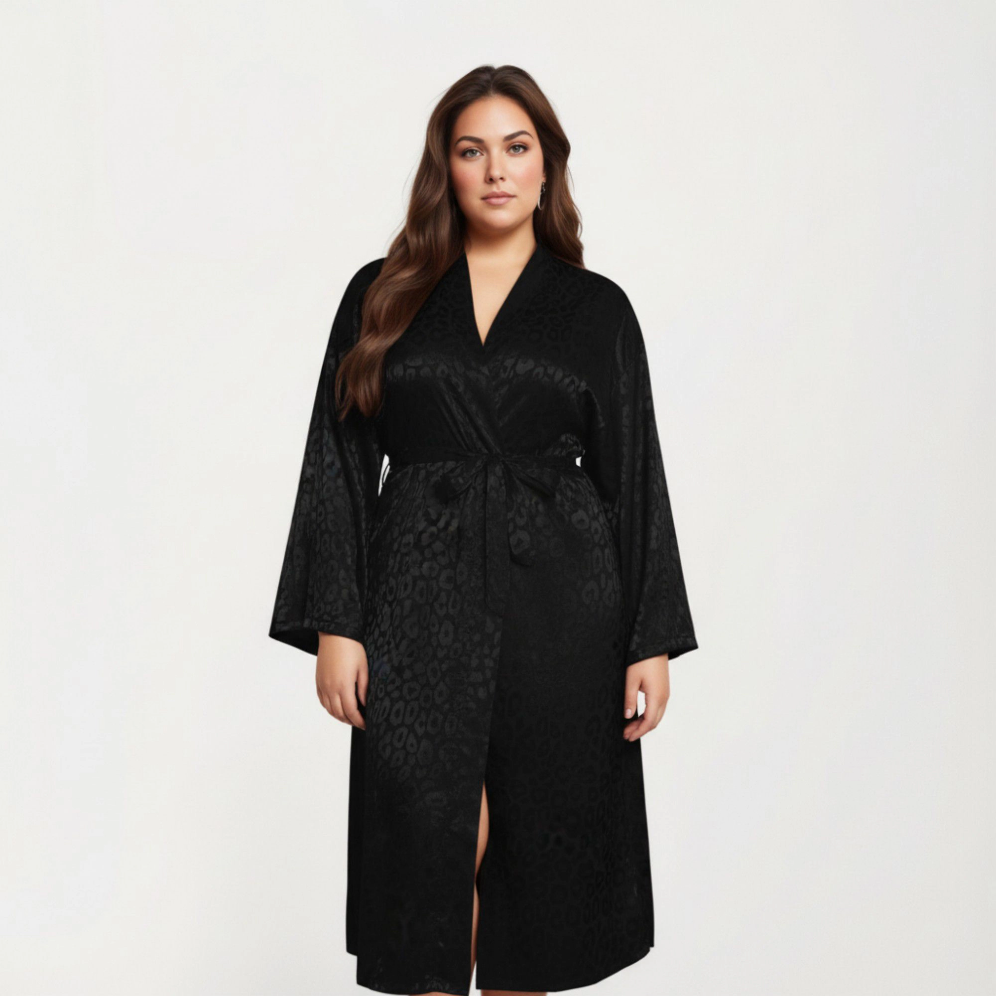 Anna-Kaci Women's Satin Jacquard Leopard Pattern Robe Waist Tie Silky Fabric Wide Sleeves and Longline Silhouette