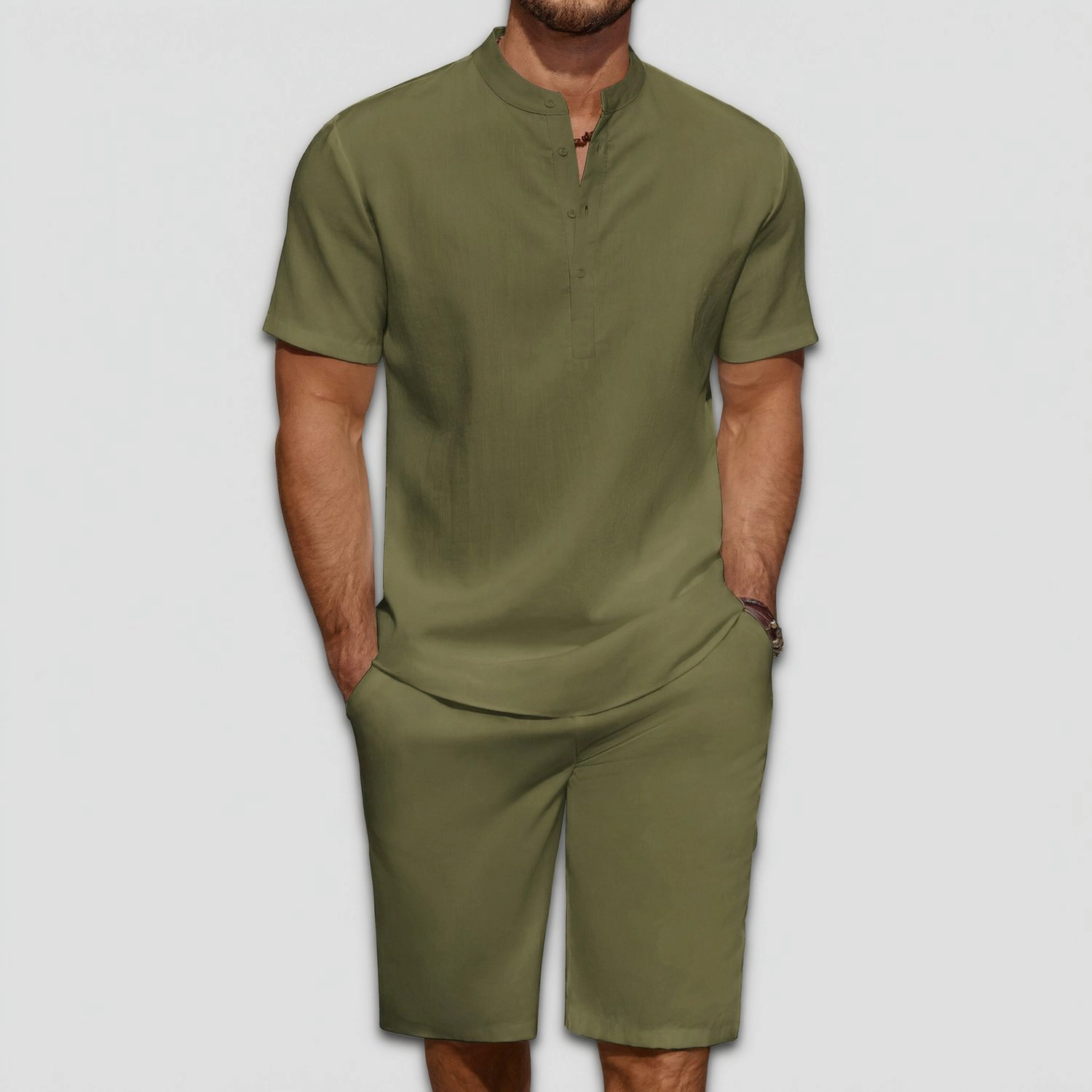 COOFANDY Mens Short Sleeve Henley Shirt  Band Collar Button Casual Shorts Set
