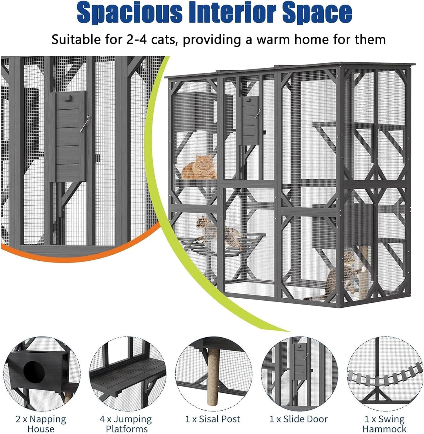 173x92.4x177cm Large Outdoor Wooden Catio Enclosure, Walk-In Cat Cage with Platforms, Gray