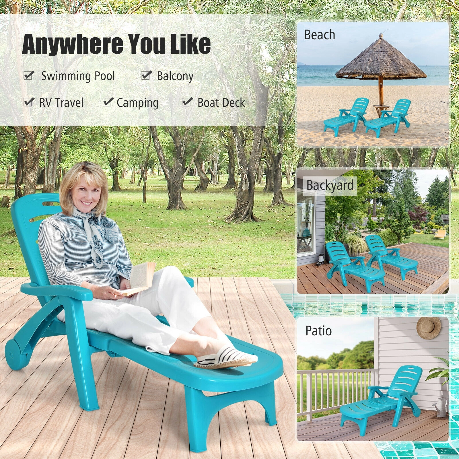 SUGIFT Armrests 330-lb Turquoise 5-Position Folding Chaise Lounge Chair All-Weather Resin