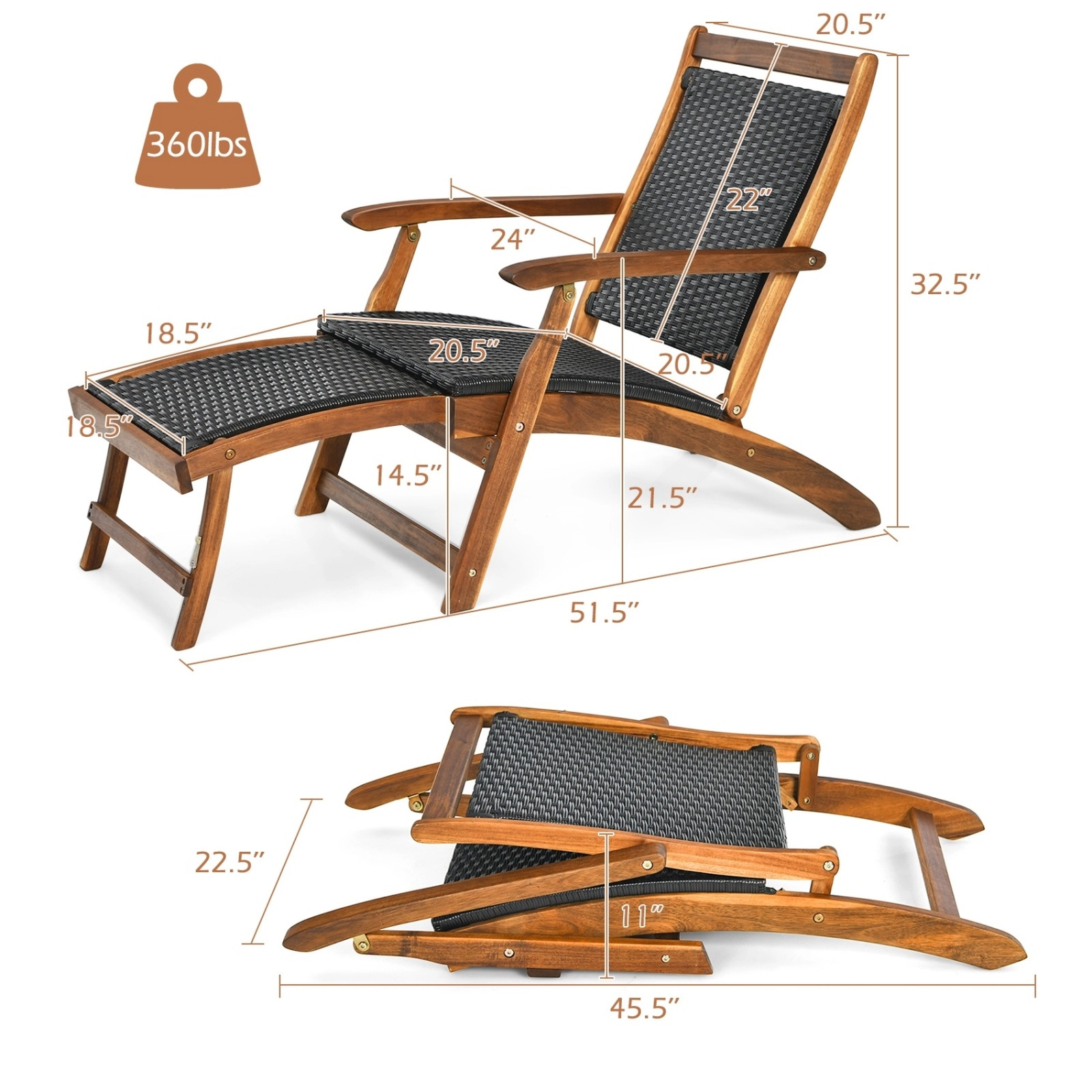 SUGIFT Folding Lounge Chair with Retractable Footrest 360-lb Capacity Set of 2 Mix Brown and Reddish Brown