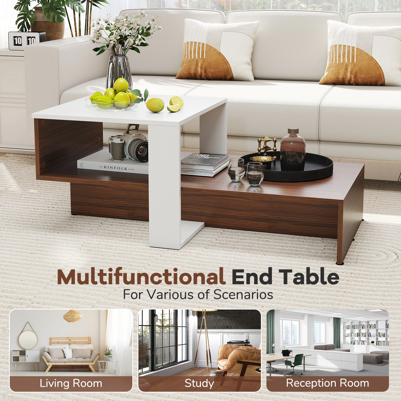 Glintex 2-Tier 31-Inch Geometric Coffee Table with Irregular Storage Shelf, White+Brown