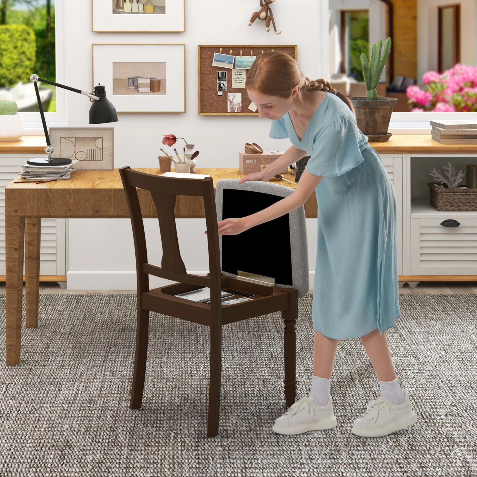 SlickBlue Upholstered Flip-Up Storage Dining Chair with Wood Legs