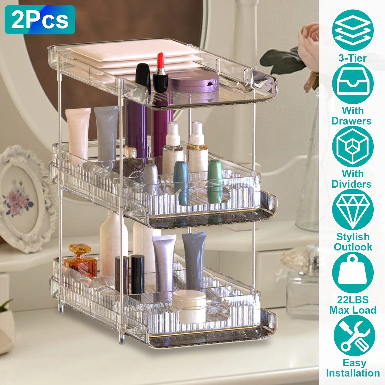 GBruno 2-Pack 3-Tier Clear Organizer With Drawers