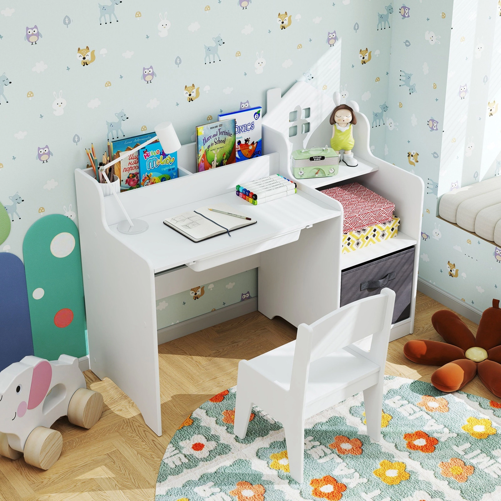 SUGIFT White Kids Desk and Chair Set, 37-Inch Study Desk with Shelves, Drawers and Fabric Bin