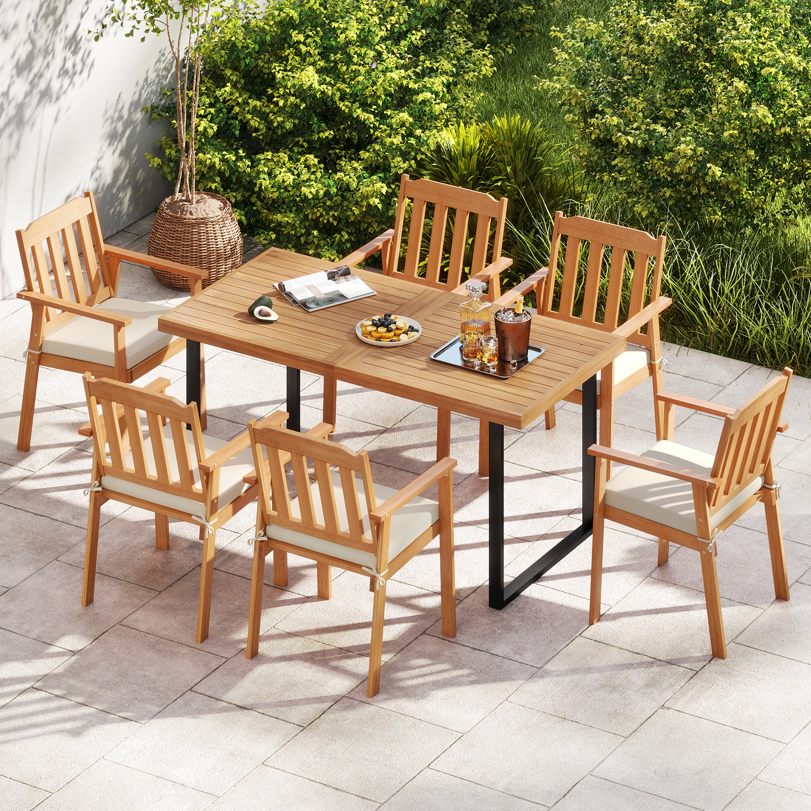 SUGIFT 2-Piece Acacia Wood Patio Dining Armchairs 400-lb Capacity 22.5-in Frame 19.5 x 18-in Seat Natural with Cushions