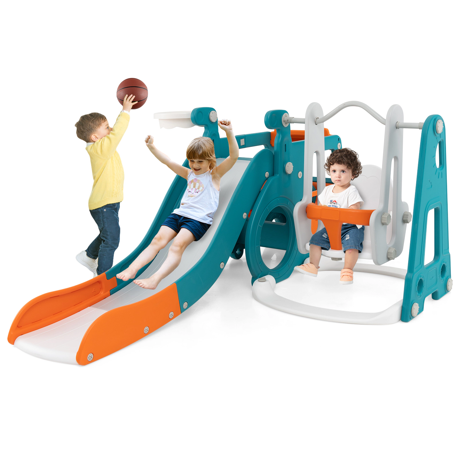 SUGIFT Multicolor Mini Bus Room and Basketball Hoop 5-in-1 Kids Slide and Swing Set