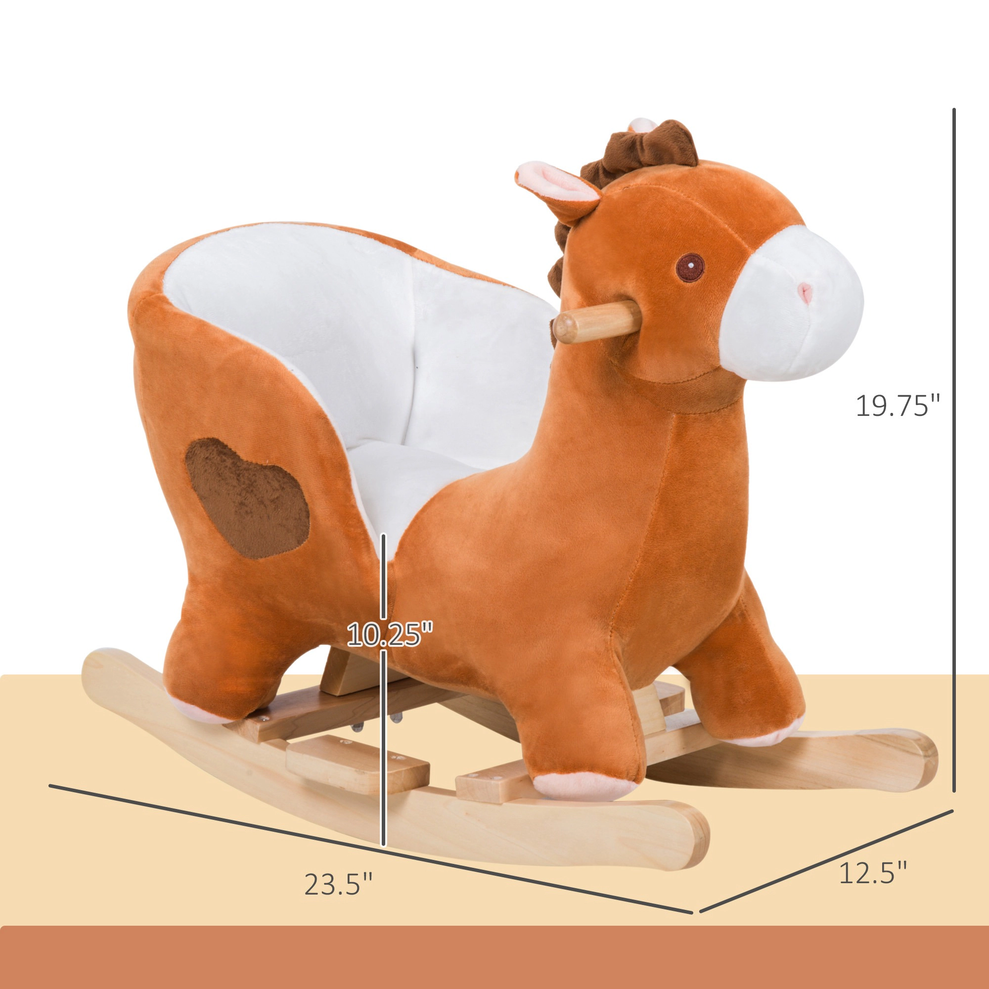 HONGGE Kids Wooden Rocking Horse with Plush Cover and Lullaby Sound, Sturdy Steel Frame, Brown, Ages 18 Months+