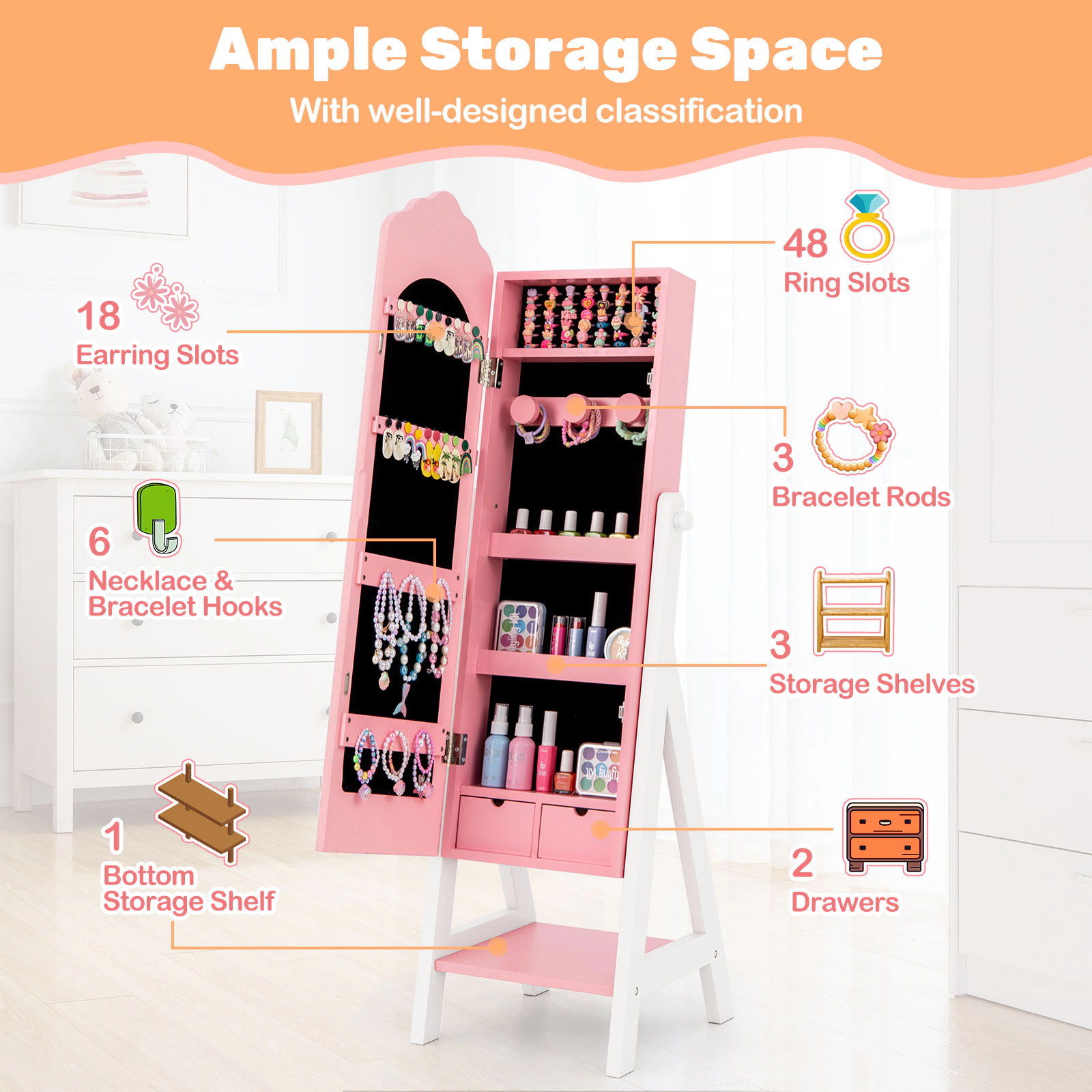 SUGIFT 2-Piece Kids Vanity Table and Stool with Jewelry Armoire Cabinet 88-lb Stool Capacity Pink
