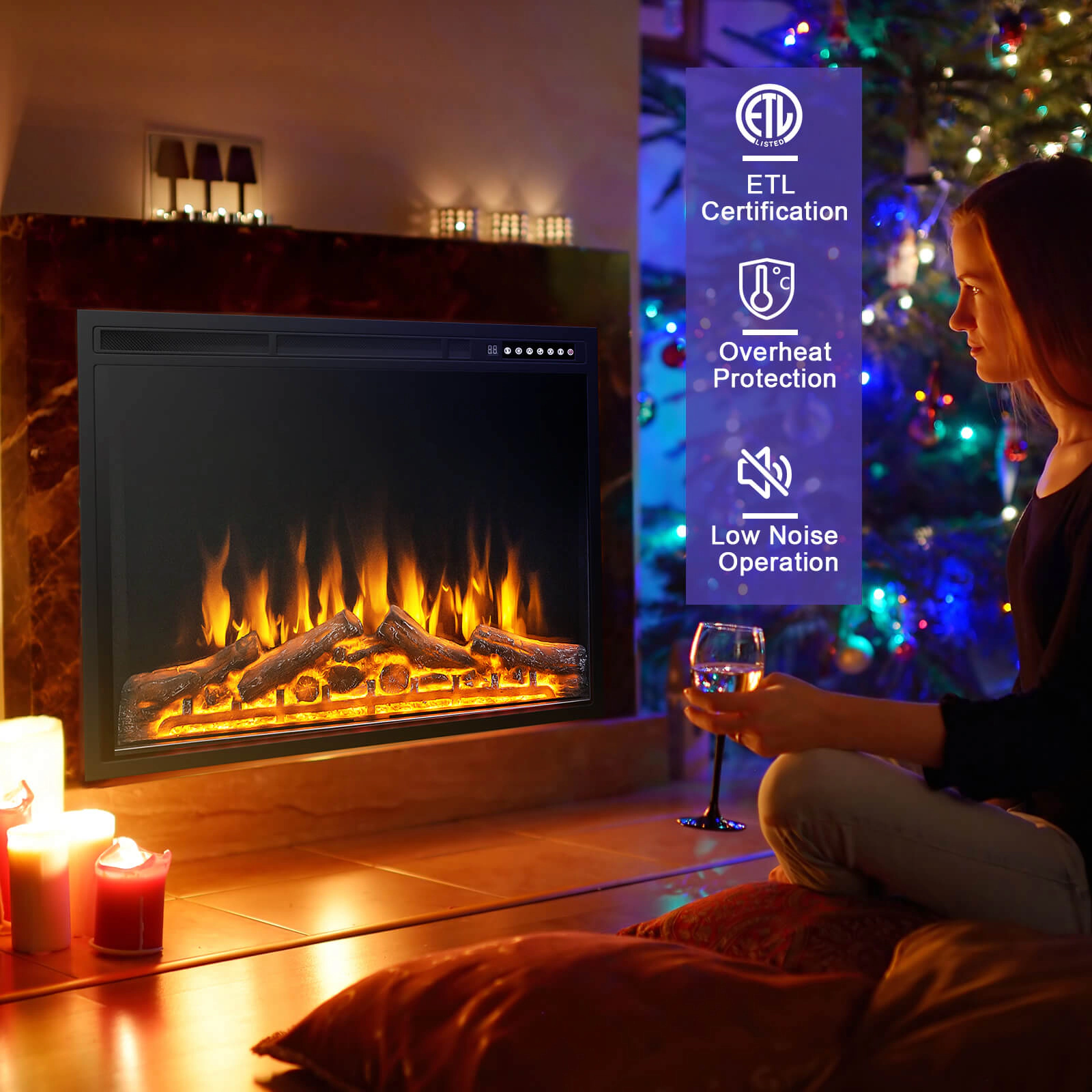 SUGIFT Adjustable Flame Electric Fireplace Recessed Heater 34- or 37-in Black 5100-BTU 750W/1500W with Timer and Remote