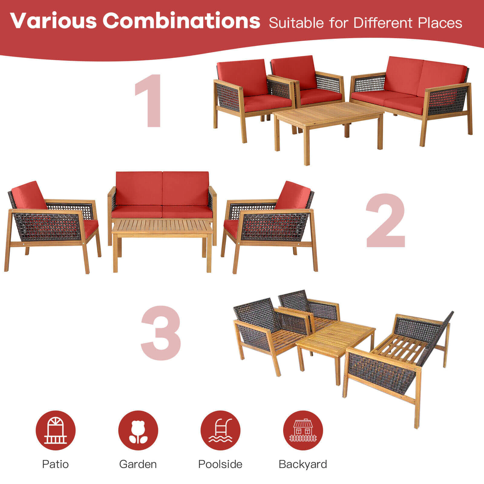 SUGIFT 4-Piece Red Rattan Patio Furniture Set with Acacia Loveseat, 2 Chairs and Table