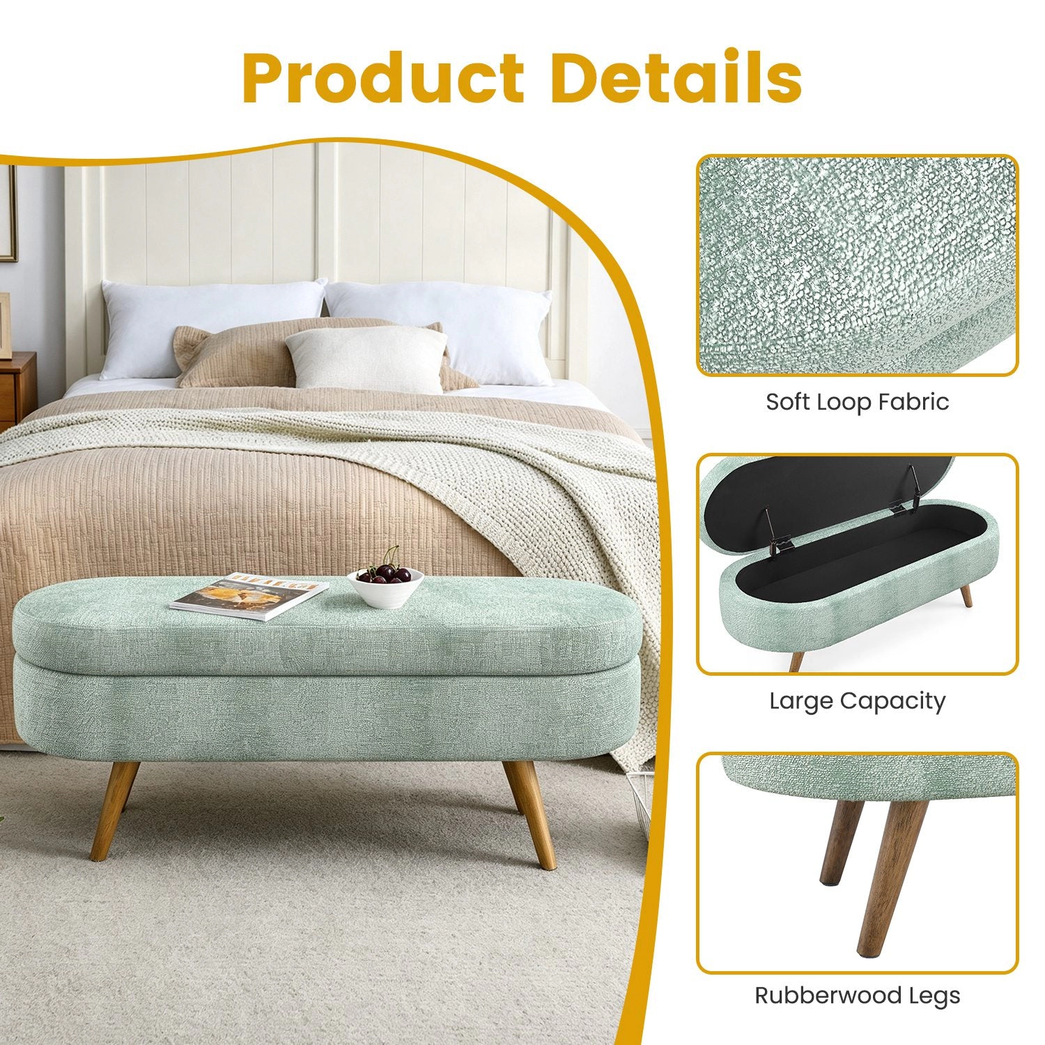 GBruno Oval Storage Ottoman Bench With Rubberwood Legs