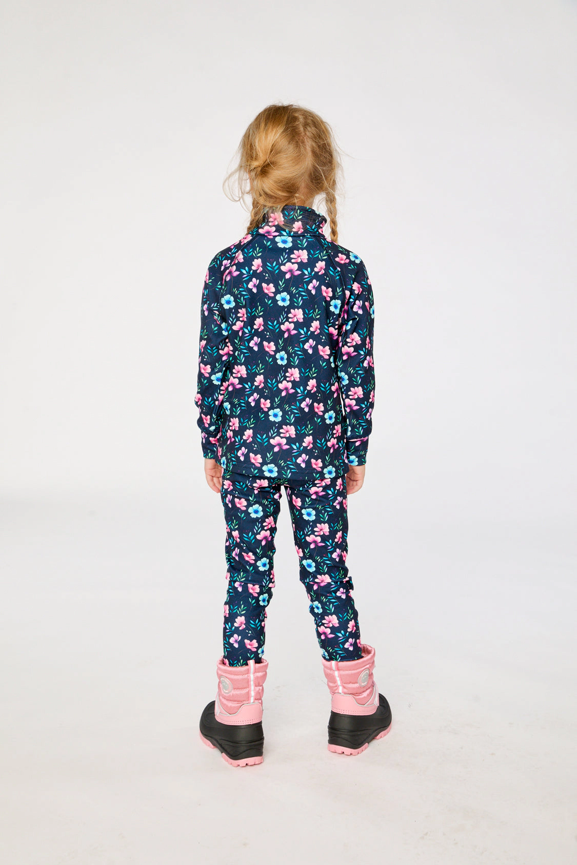 Deux par Girls Two Piece Floral Print Half-Zip Thermal Underwear Top and Pants Set