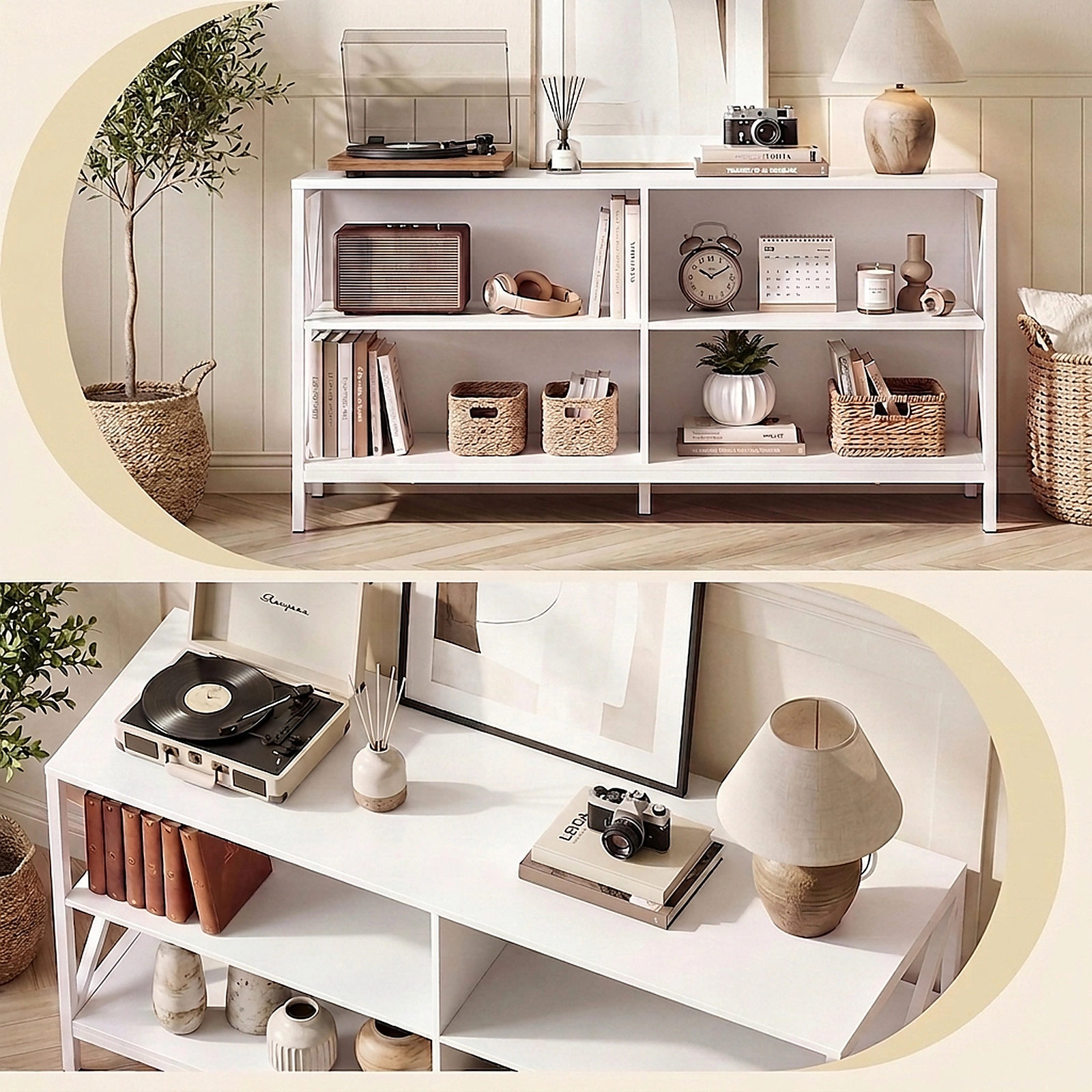 SUGIFT White TV Stand for TVs up to 55 in Wooden Entertainment Center with X-Shaped Frame