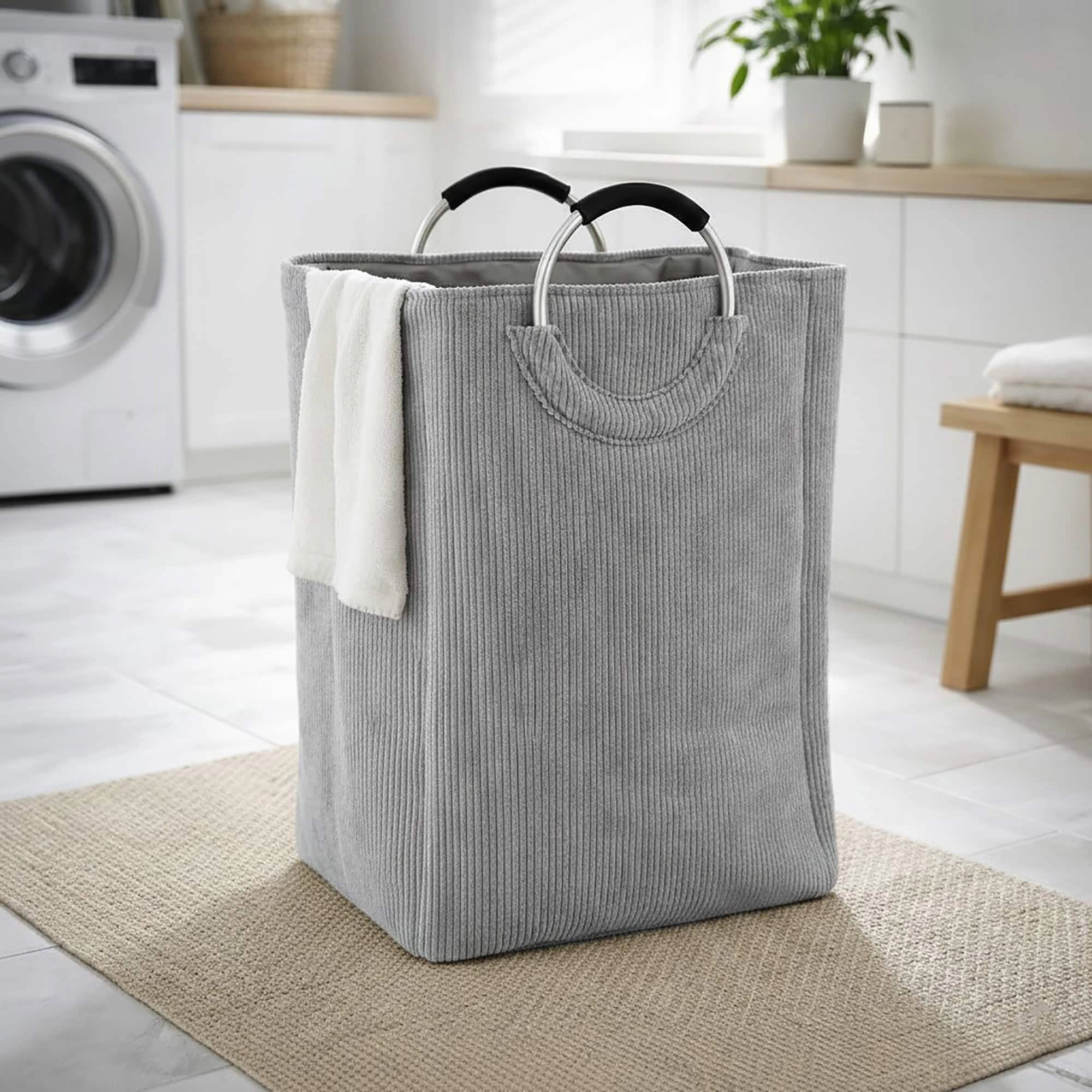 Evideco French Home Goods 55L Corduroy Laundry Hamper - Rectangular, EVA-Lined, Foldable