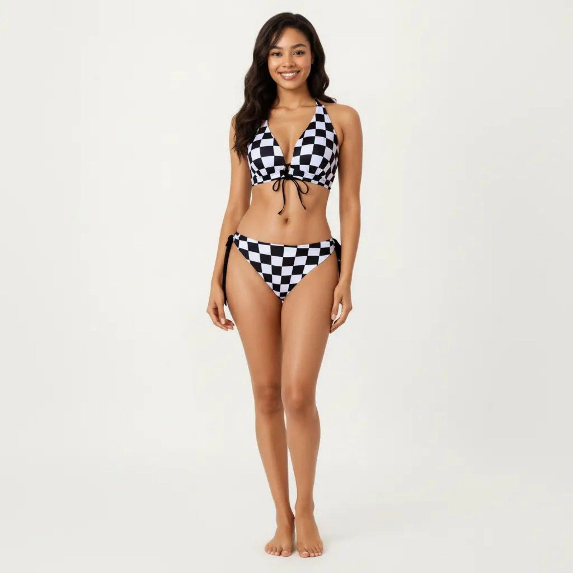 Anna-Kaci Women’s 2-Piece Checked Bikini Set Halter Triangle Top with Front Tie, High-Waist Tie-Side Bottoms