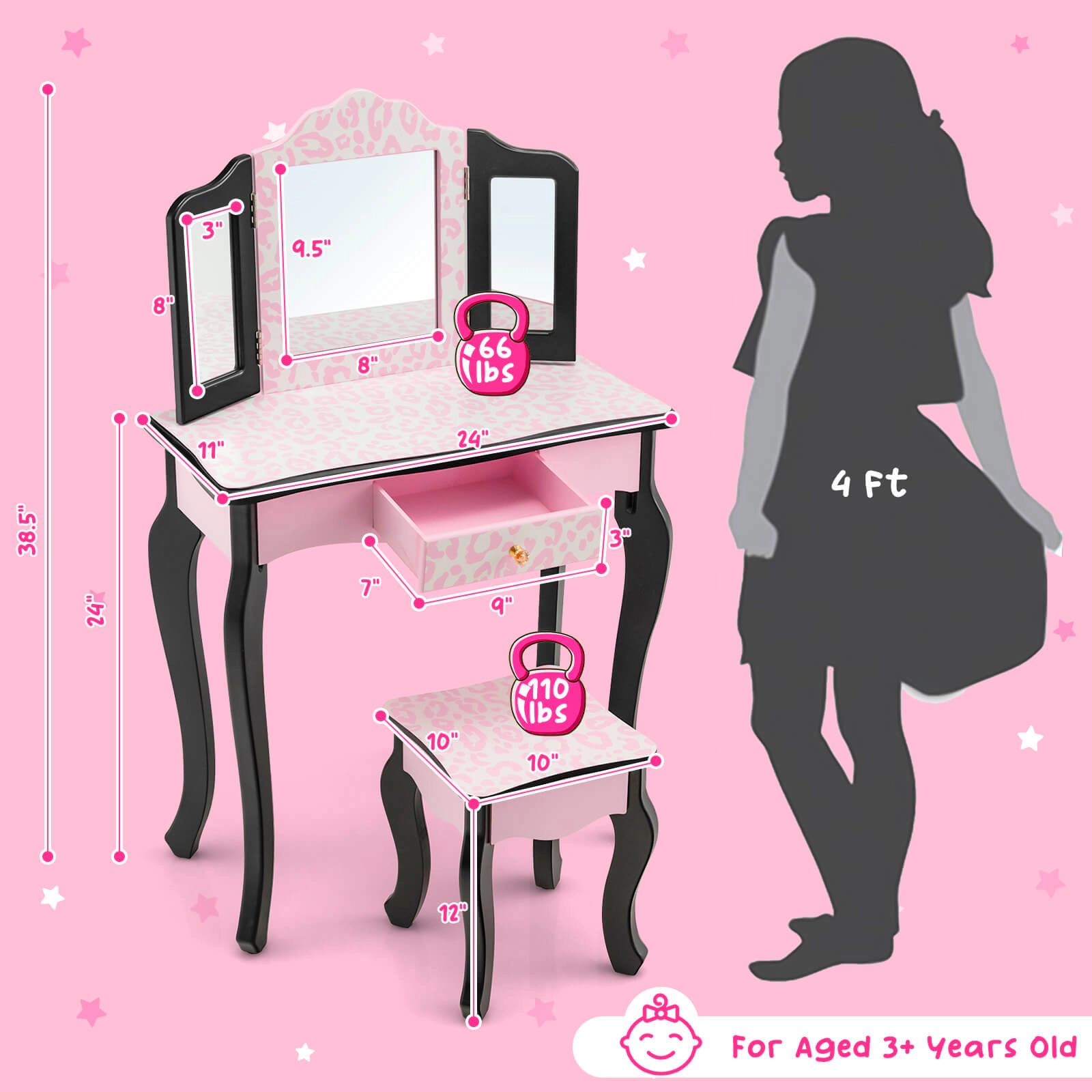 SUGIFT Pink Kids Vanity Set with Tri-Fold Mirror, Leopard Print and Crystal Knob