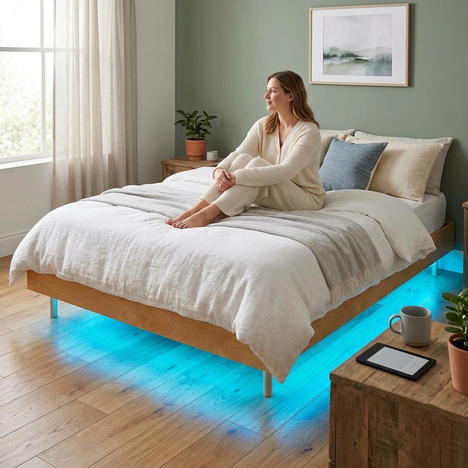 SUGIFT Queen Floating Platform Bed Frame with 16-Color LED Lights, Natural Wood