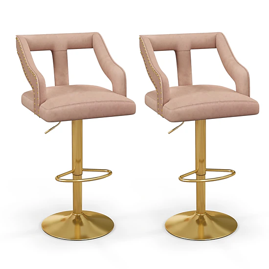 Glintex 2-Piece Adjustable Swivel Bar Stool Set with T-Shaped Velvet Back, Pink & Gold