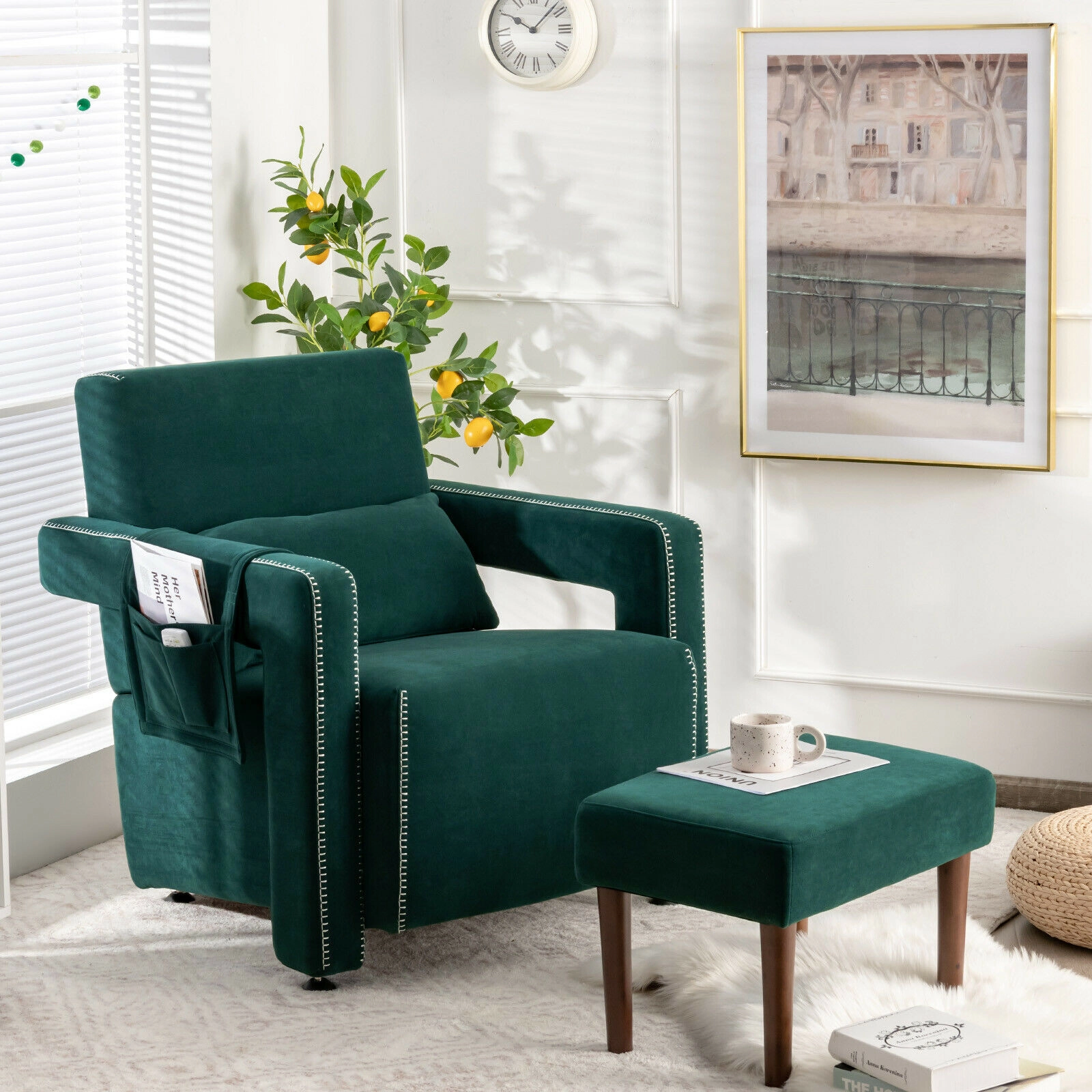 SUGIFT Green Berber Fleece Reading Chair with Matching Ottoman, 330 lb Capacity