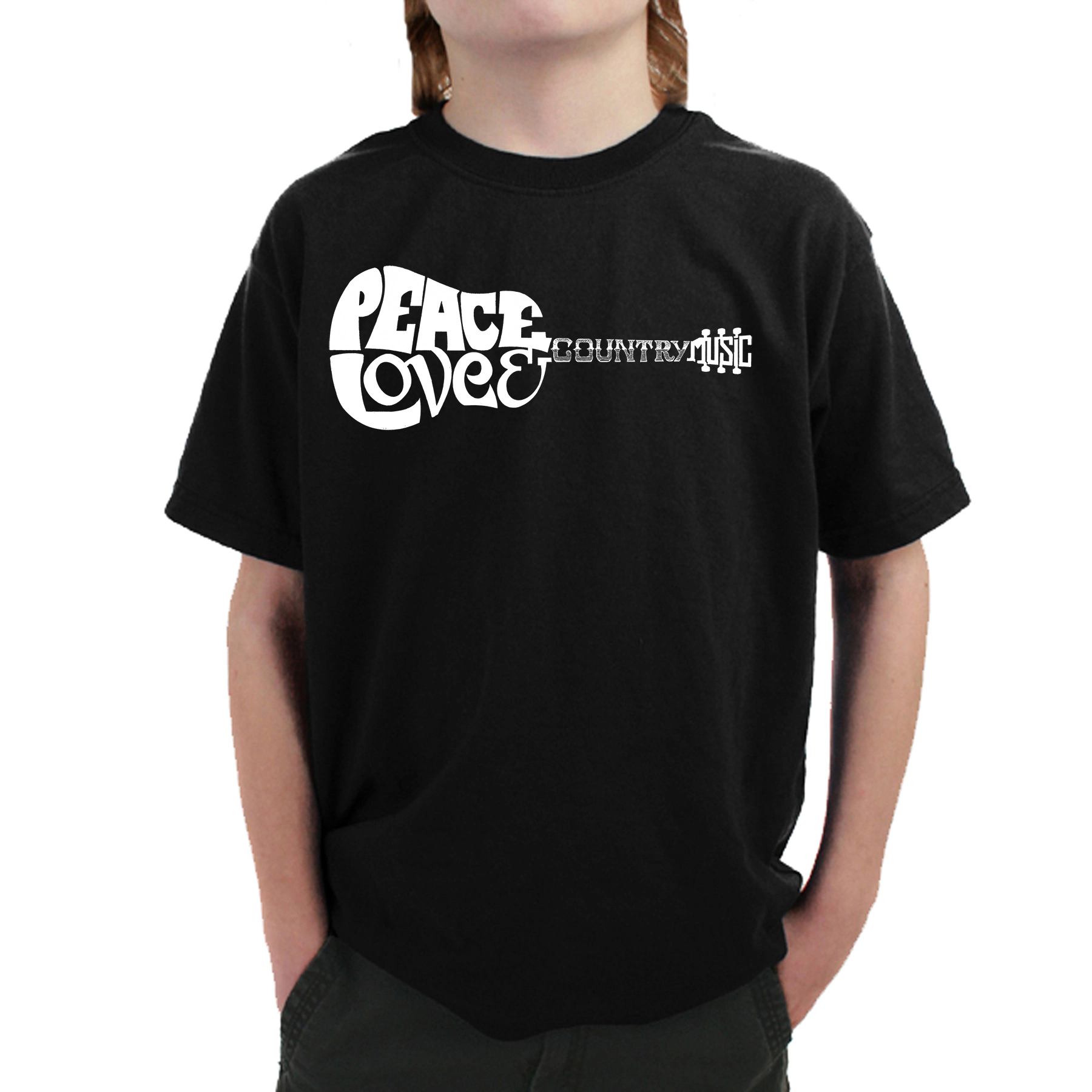 LA Pop Art Boy's Word T-Shirt - Peace Love Country