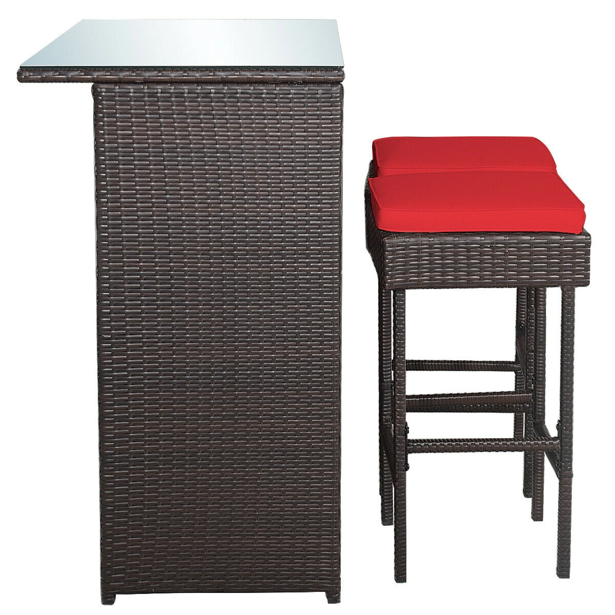 LJG 3PCS Patio Rattan Wicker Bar Table Stools Dining Set