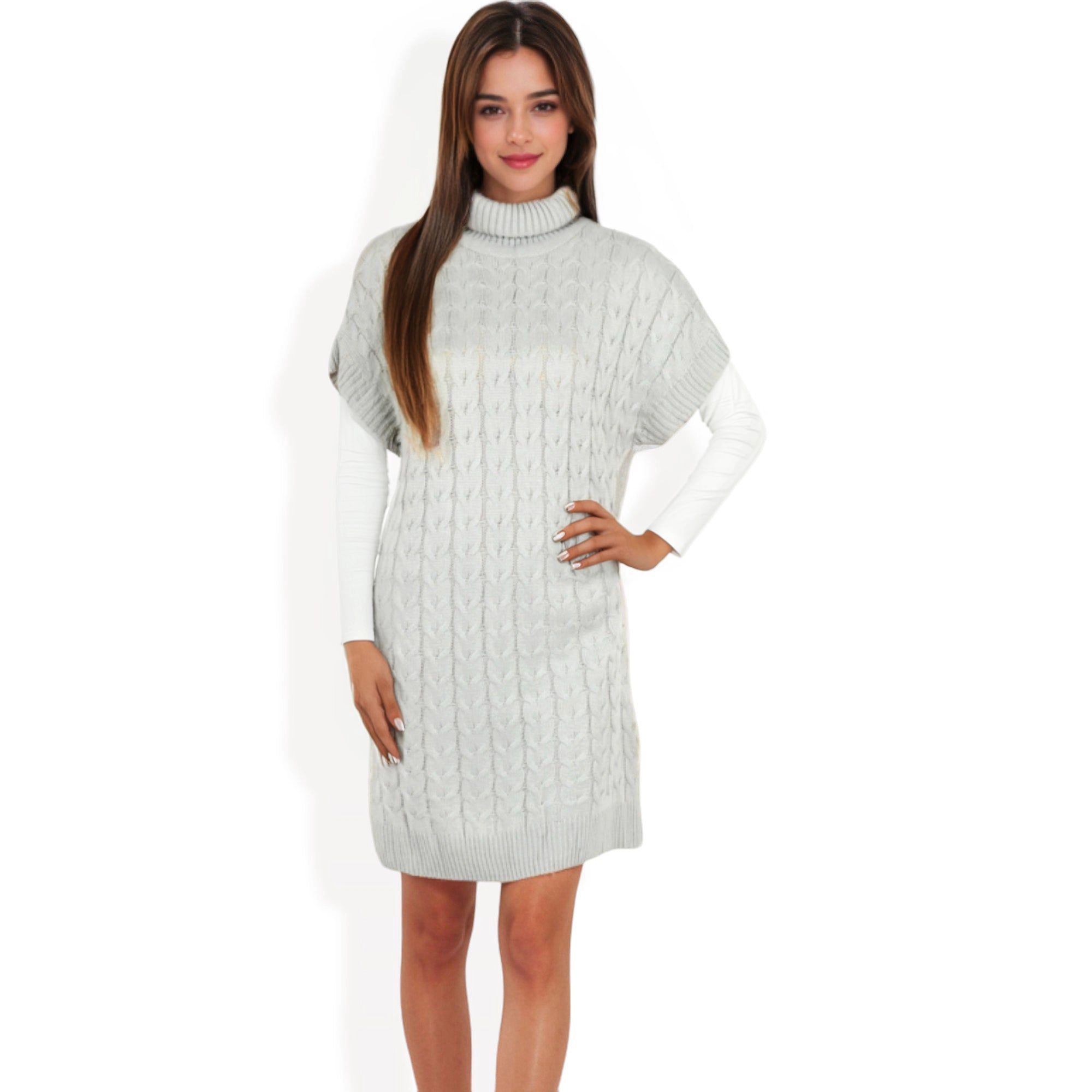 Anna-Kaci Women's Turtleneck Cable Knit Short Sleeves Sweater Dress