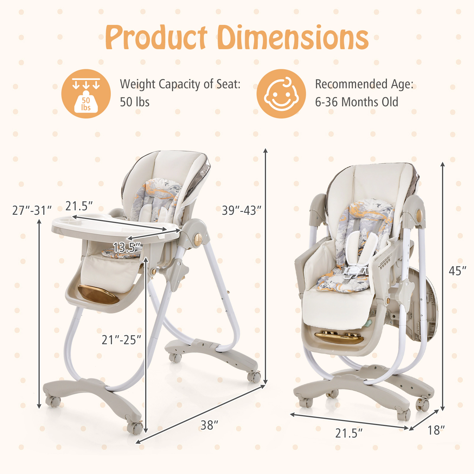 SUGIFT Folding Baby Dining High Chair with Adjustable Height and Recline 50-lb Capacity Ages 6 Months-3 Years Gray