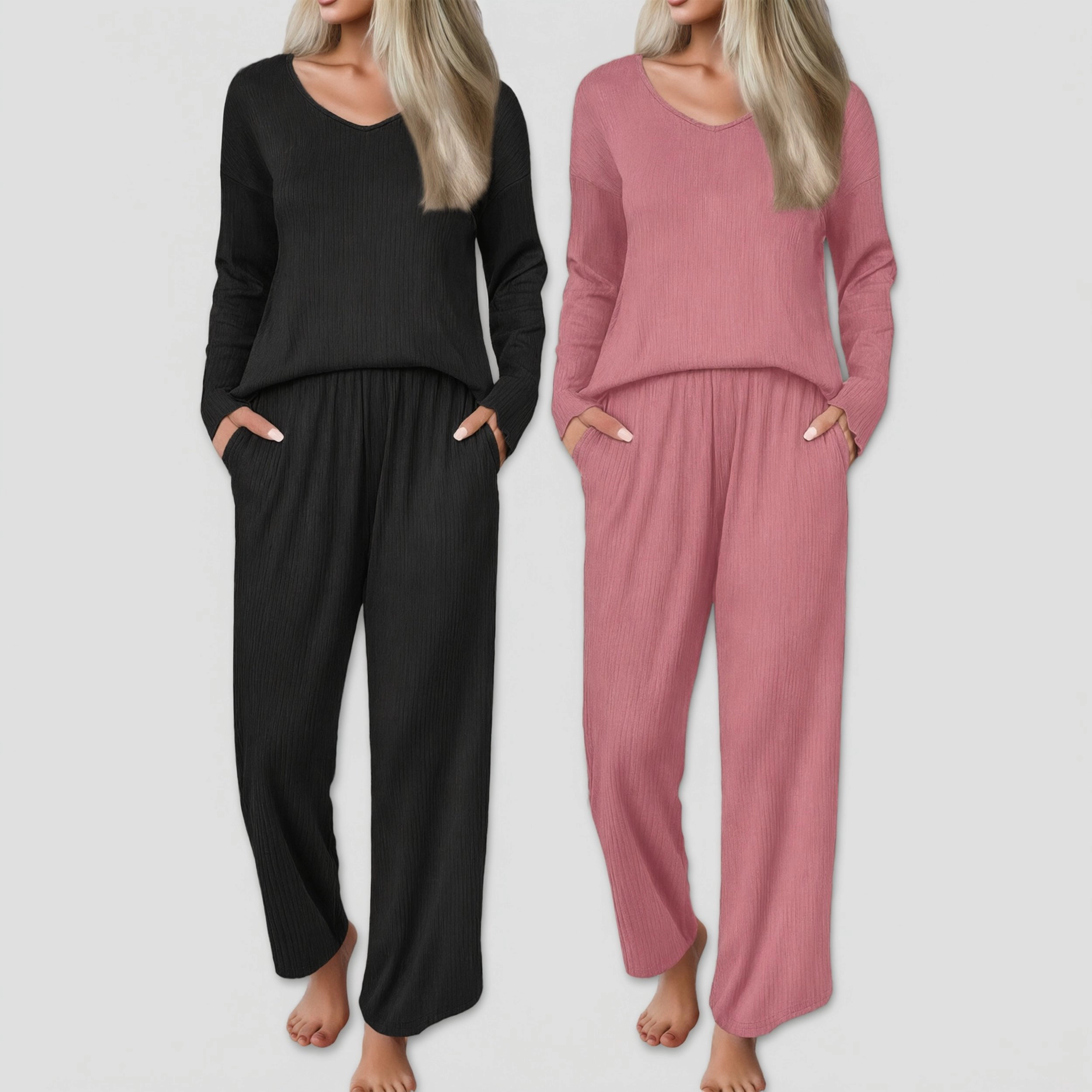 Ekouaer Women's V Neck Long Sleeve Ribbed 2 Piece Pajama Sets